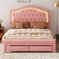Queen Size Upholstered Platform Bed With Tufted Headboard, Led And 2 Drawers, Pink Box Spring Not Required Queen Pink Wood Bathroom Bed Frame Faux Leather Upholstered