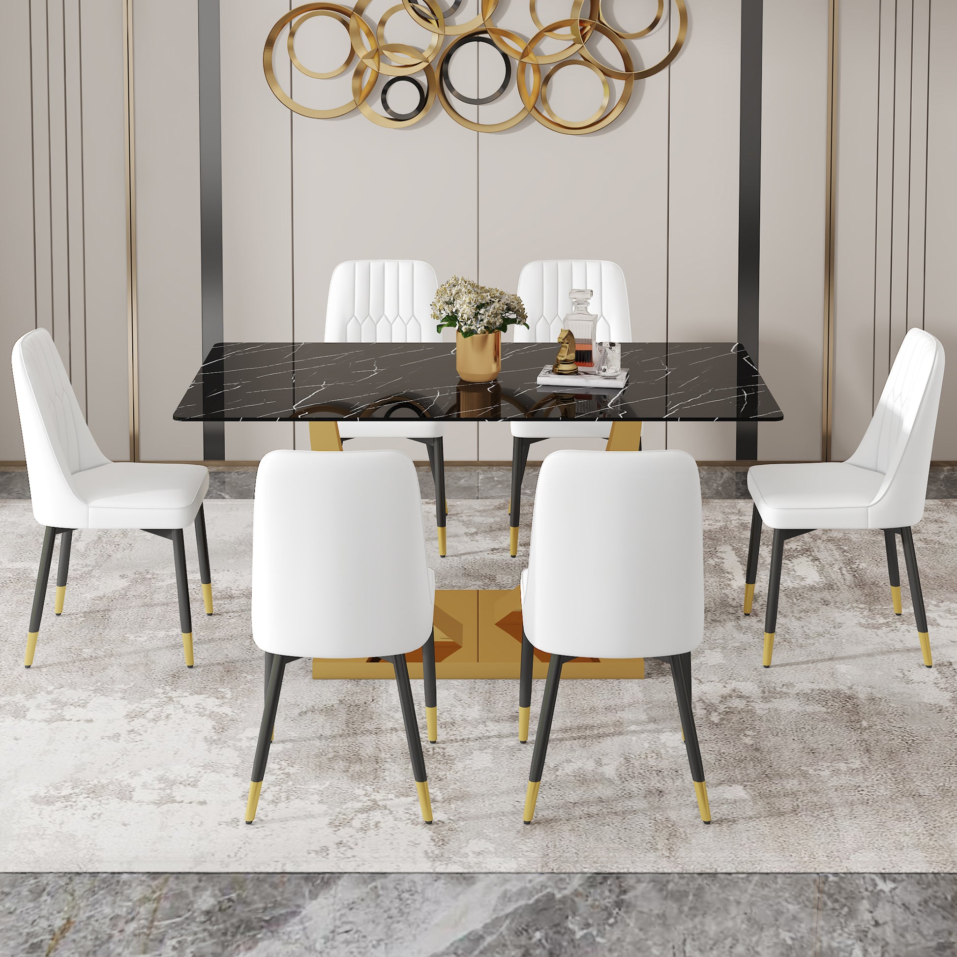 Table And Chair Set.Modern Rectangular Dining Table With Black Textured Stickers Glass Tabletop And Gold Plated Metal Legs.Paried With 6 Comfortable Chairs With Pu Seats And Black Metal Legs. Black Gold,White Seats 6 Glass Metal