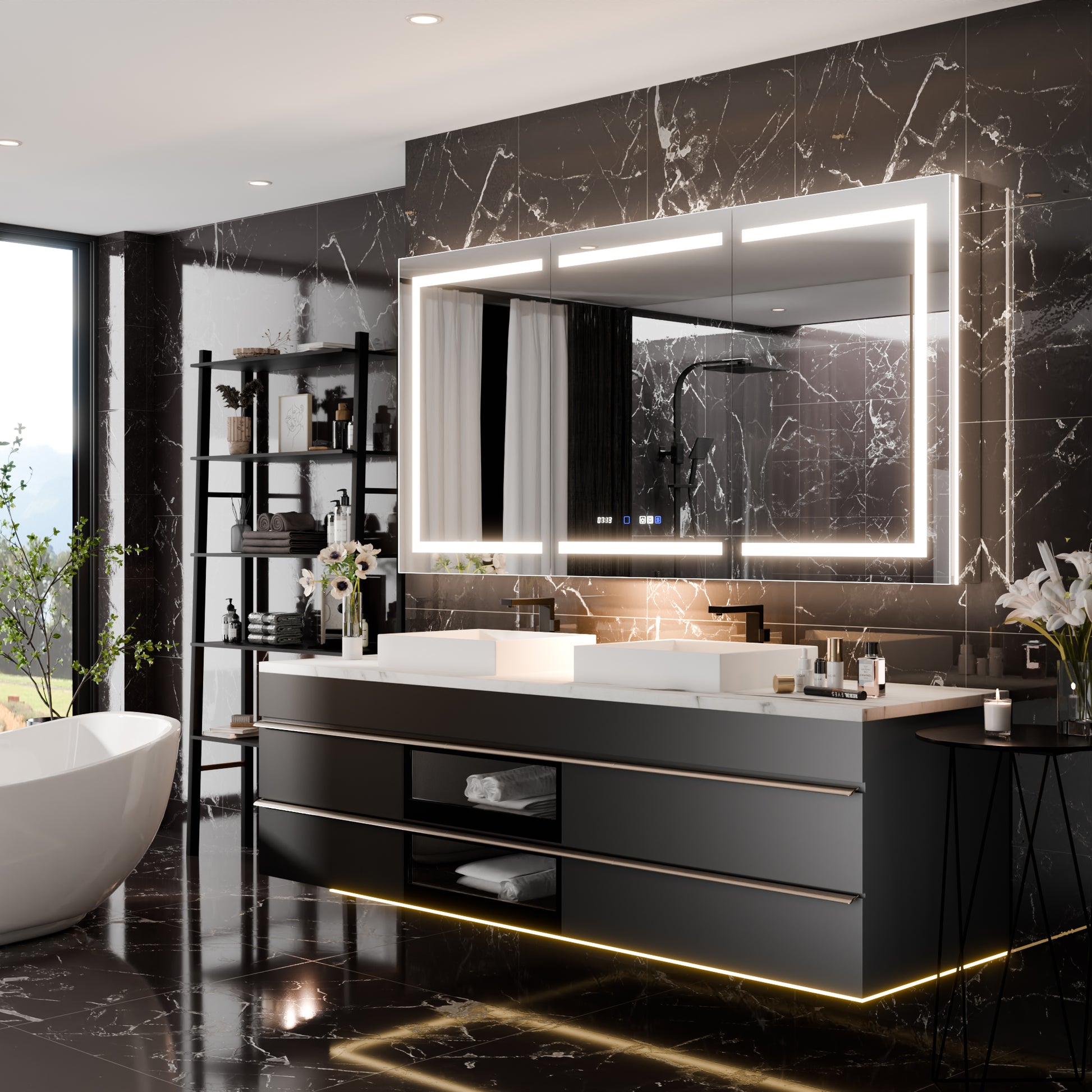 Smart Led Medicine Cabinet With Gfci Outlet & Blum Hinges, Buil Built In High Power Outlet ,72*36 Inchstepless Dimming & Anti Fog,Integrated Design,Multifunctional Bathroom Storage Silver Aluminium