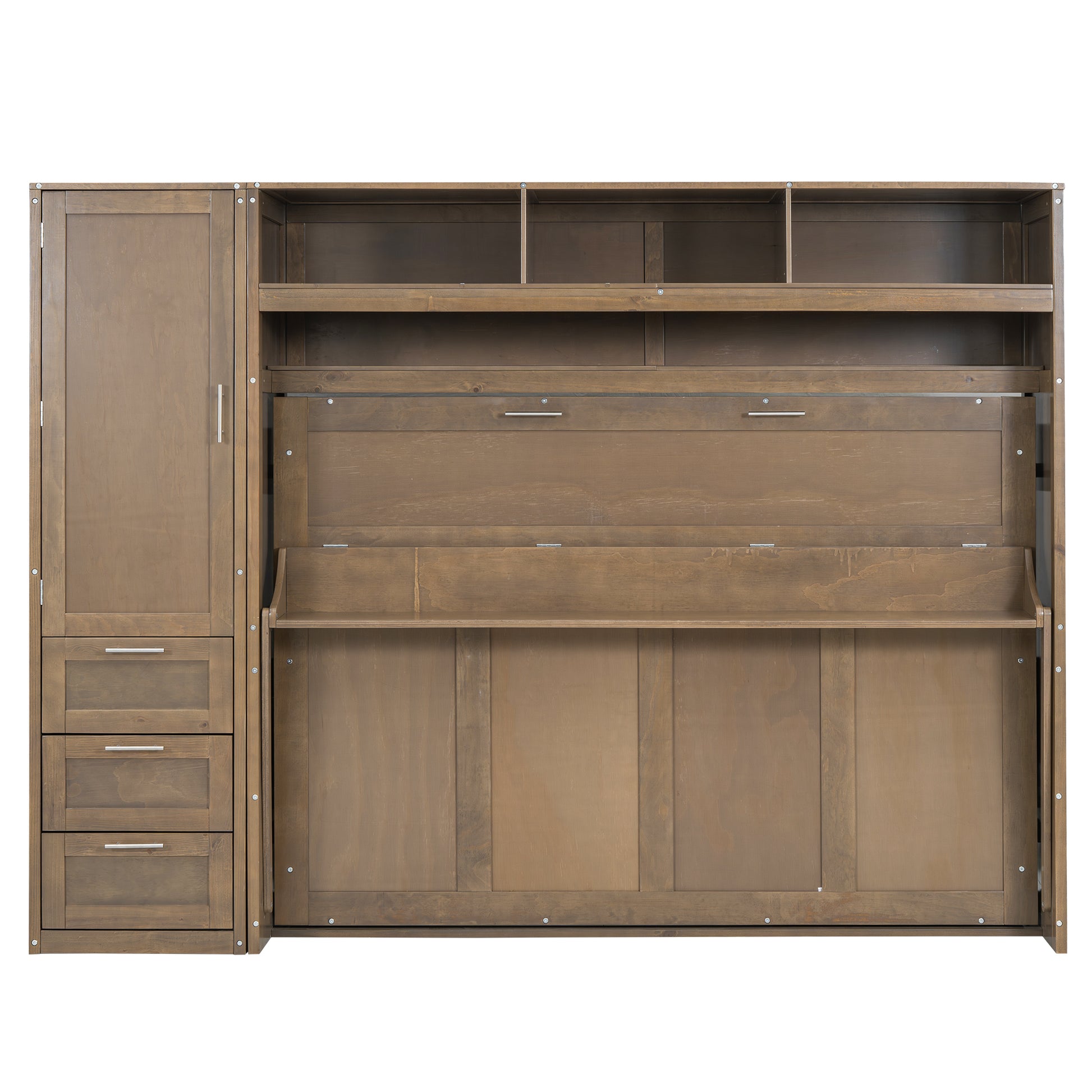 Full Size Murphy Bed With Wardrobe, Drawers And Open Shelves, Antique Wood Box Spring Not Required Full Wood Wood Murphy Solid Wood Mdf