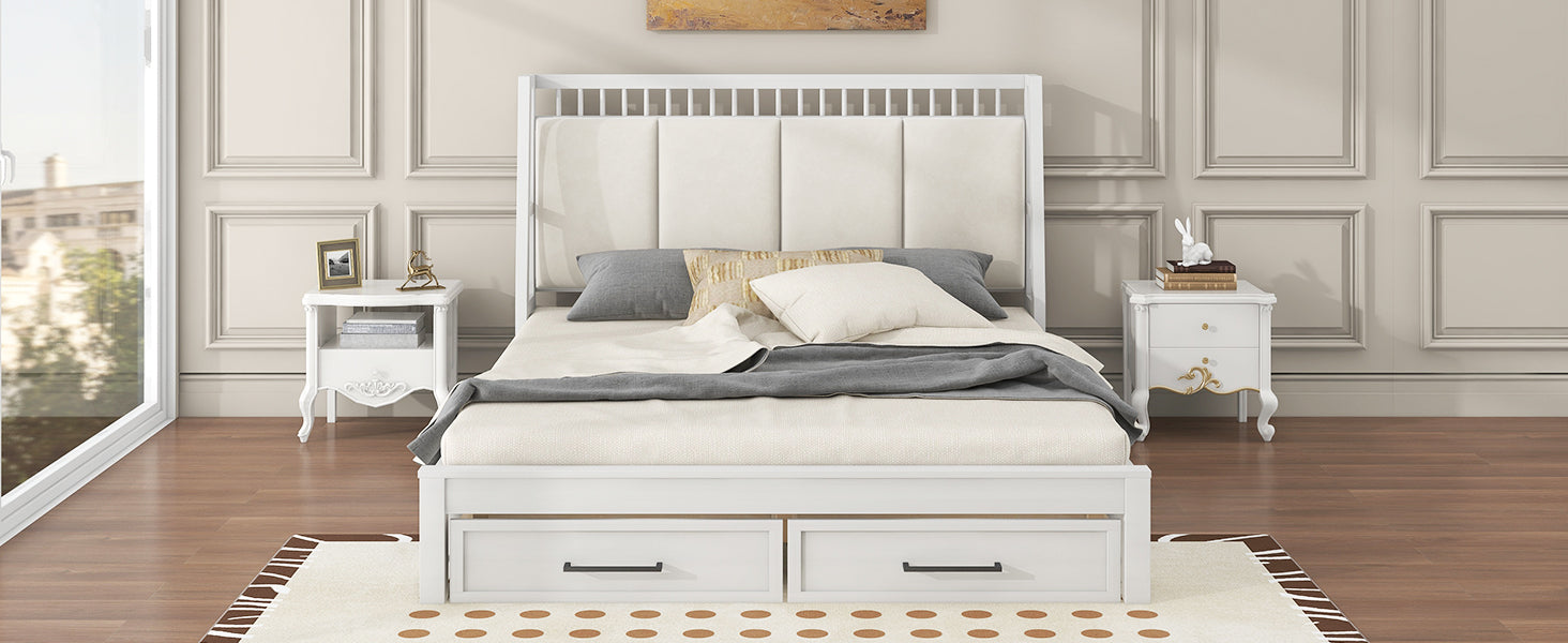 Queen Size Wood Platform Bed With Upholstered Headboard And 2 Drawers, Antique White Box Spring Not Required Queen White Wood Bed Frame Solid Wood Mdf