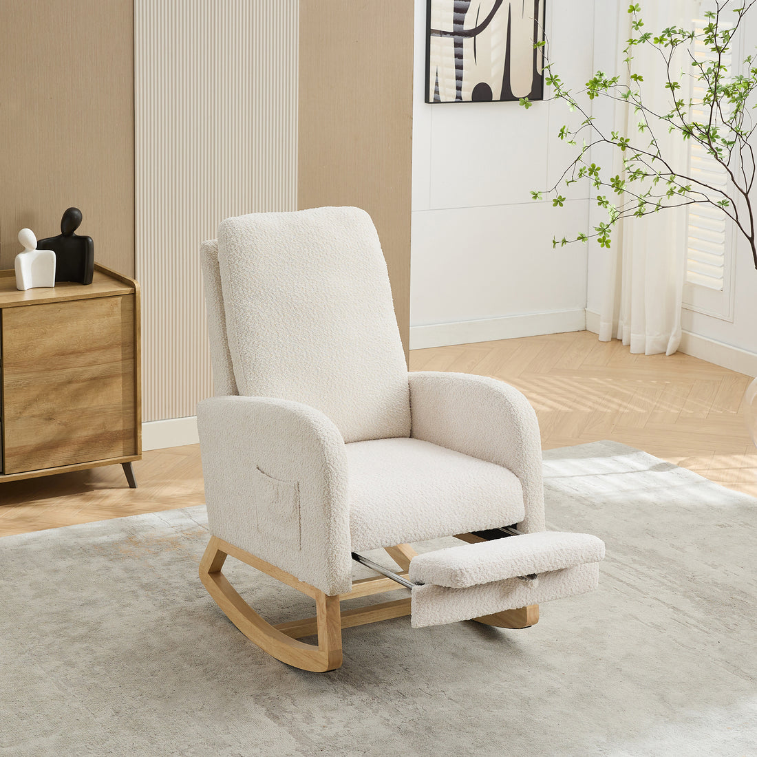 25.4"W Rocking Chair For Nursery, High Back Glider Chair With Retractable Footrest, Side Pocket, Rocking Accent Armchair With Rubber Wood Legs For Living Room Bedroom.Ivory Ivory Boucle