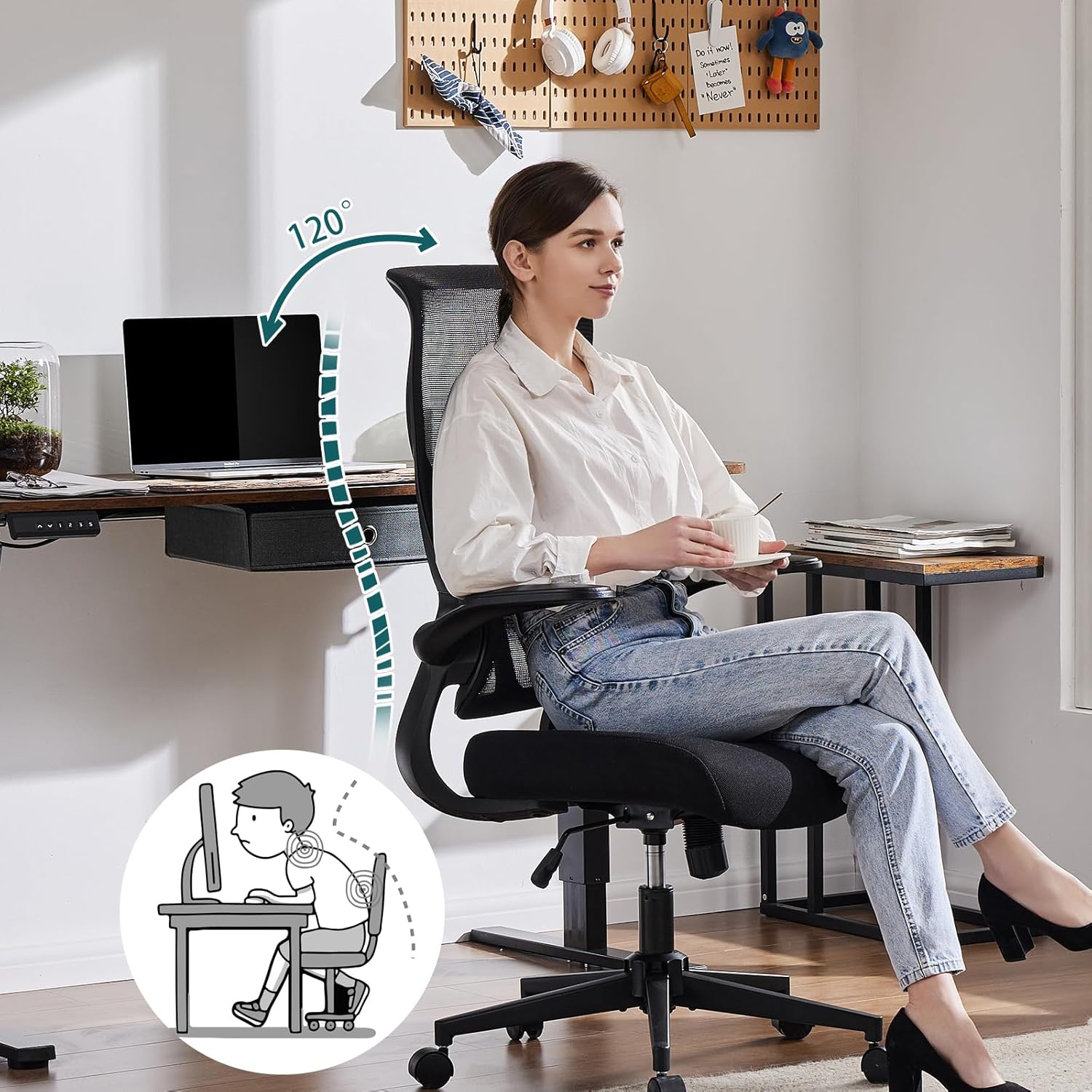 Ergonomic Computer Mesh Chair With Flip Up Armrests,Lumbar Support, Backrest For Home Office, Black Black Metal