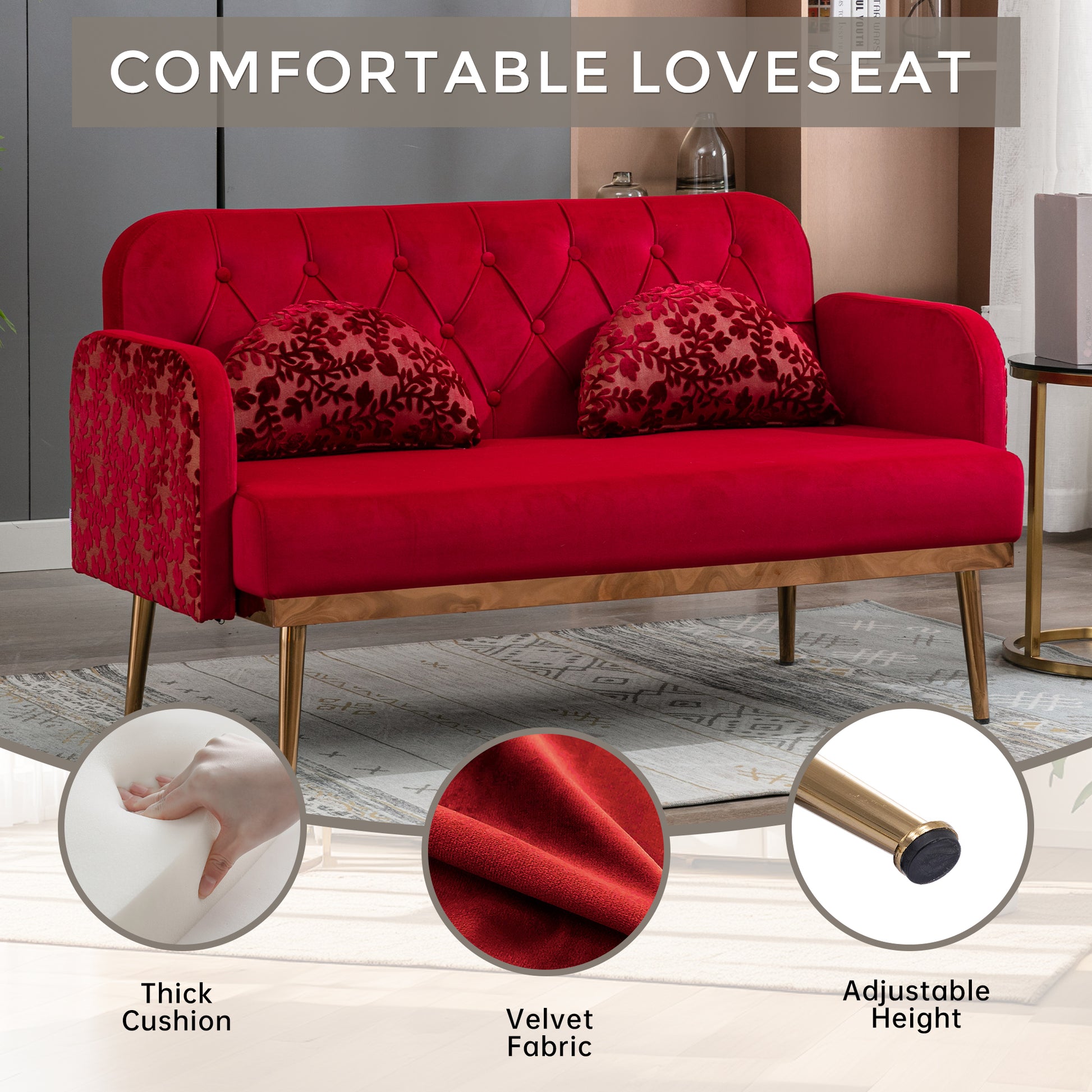 Coolmore Modern Velvet Loveseat Sofacomfy Upholstered 2 Seater Sofa With Gold Metal Legs, Small Loveseat Accent Couch For Living Bedroom Leisure Areas Red Velvet Red Foam Polyester 2 Seat