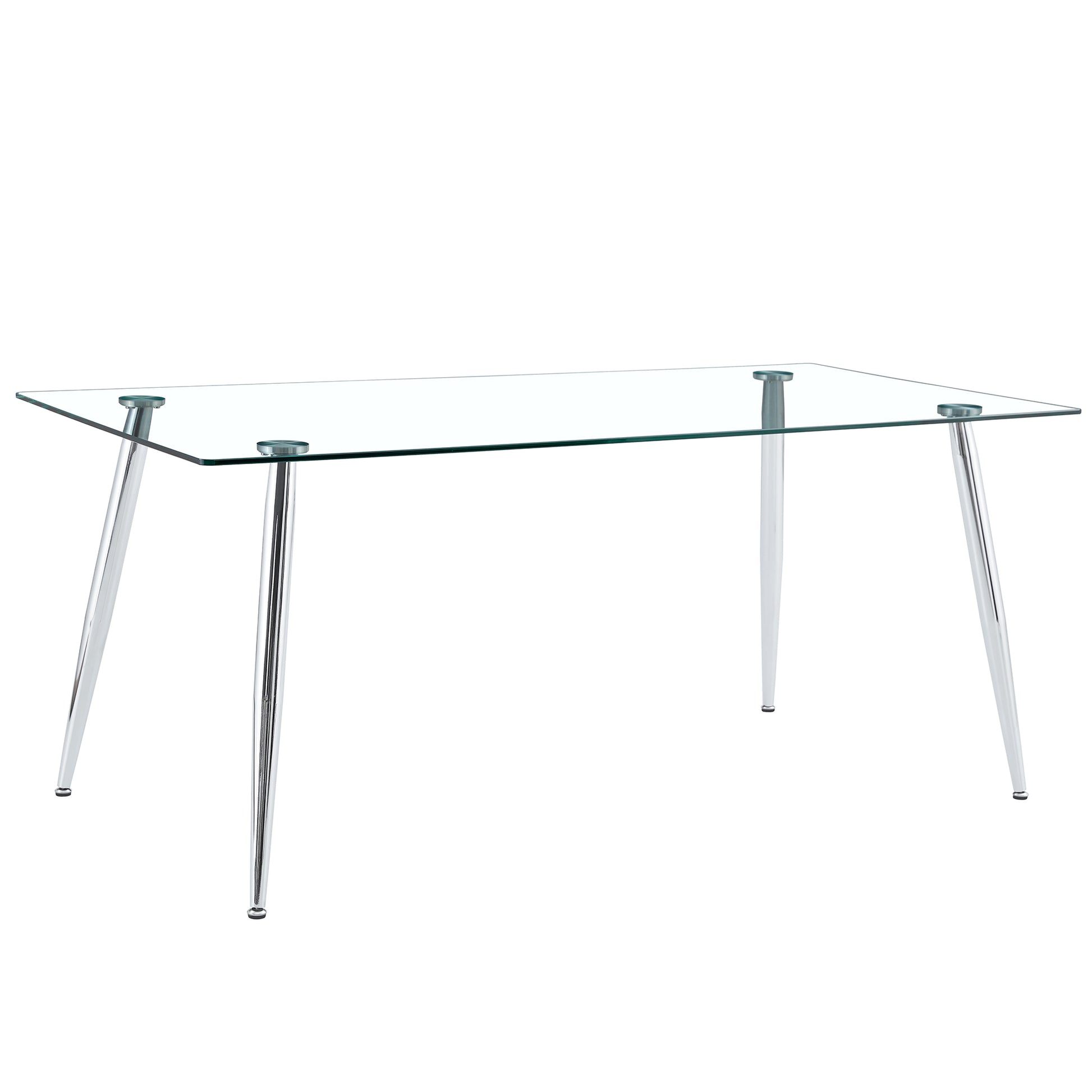 Table And Chair Set.Modern Rectangular Glass Dining Table With A Tempered Glass Tabletop And Silver Metal Legs, Paired With Multiple Chairs Designed With Pu Cushions And Silver Metal Legs. Silver White Seats 8 Tempered Glass