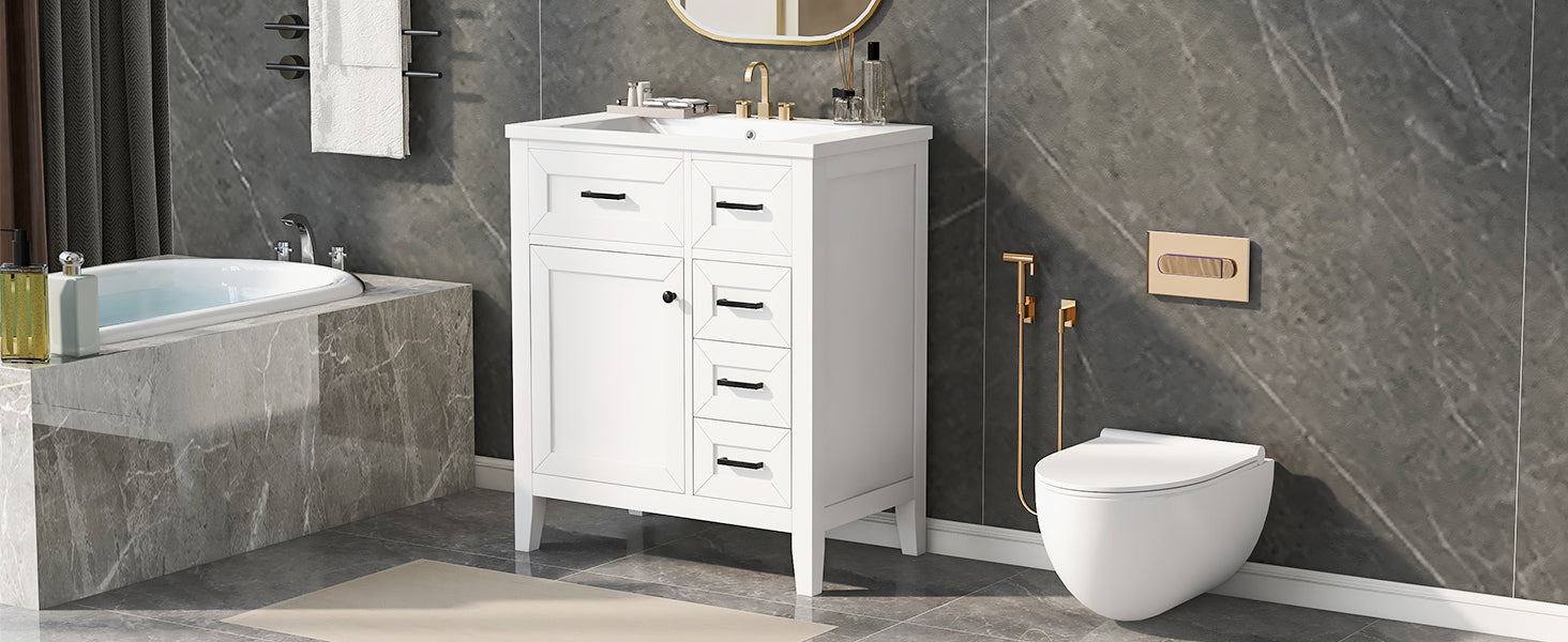 30" Bathroom Vanity With Sink Combo, White Bathroom Cabinet With Drawers, Solid Frame And Mdf Board Old Sku:N725S999222K White Solid Wood Mdf