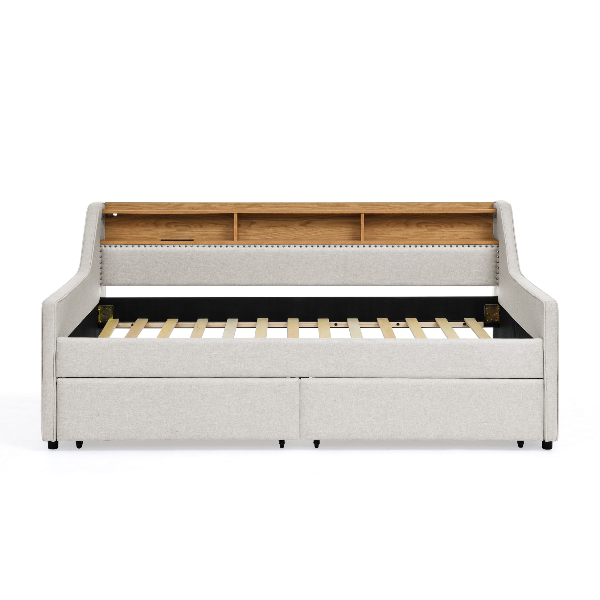 Twin Size Upholstery Sofa Bed With Three Led Lights, With Storage Adjustable Headboard, With Two Storage Pull Up Drawers And Wireless Charging, Linen Padded Sofa Bed Frame, Beige Box Spring Not Required Twin Beige Composite Bedroom Classic Eucalyptus