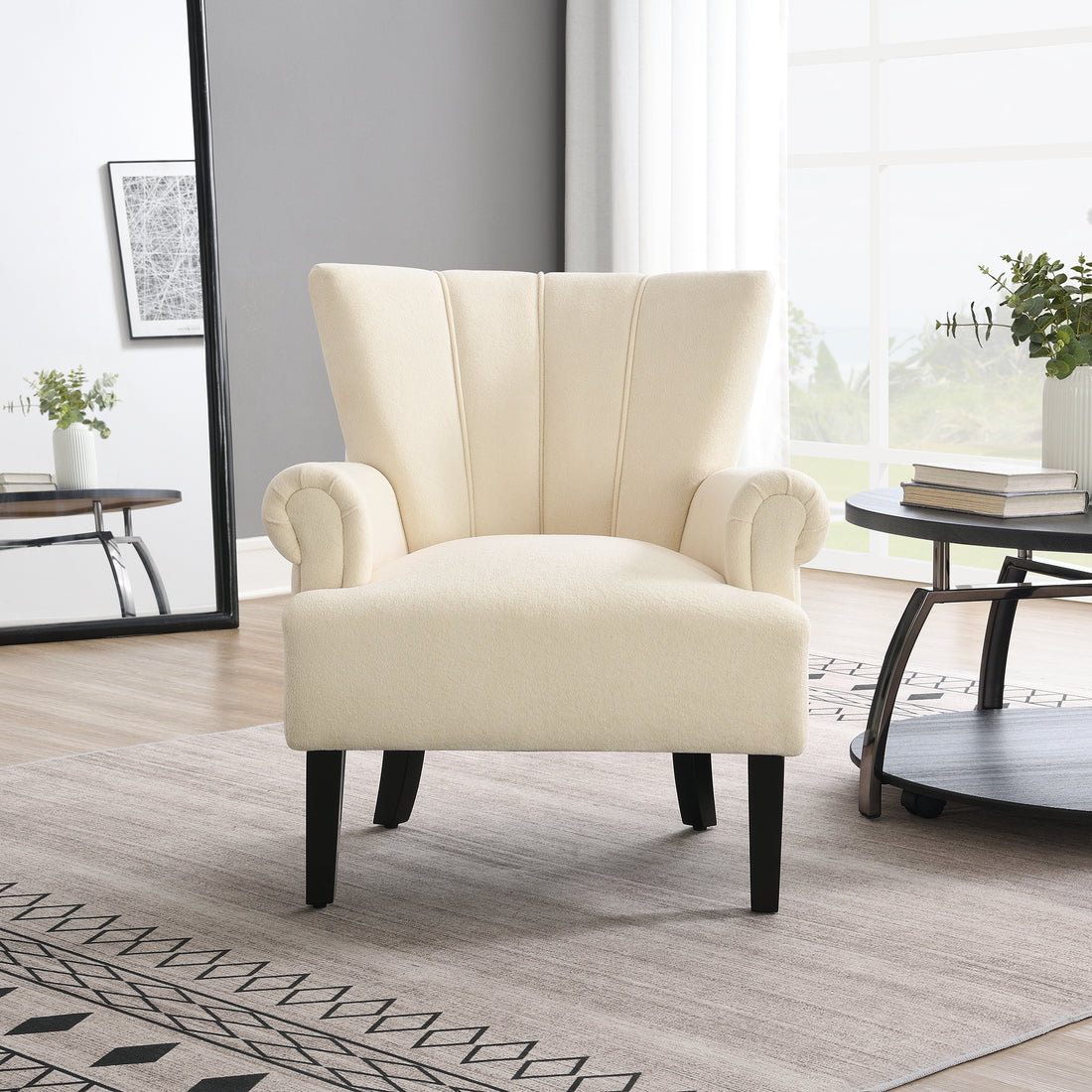 Modern Accent Living Room Chairs,Polyester Armchair Club Chair With Channel Back, Accent Chair For Living Room, Bedroom Reading Room, Soft Fabric, Wooden Leg, Beige Beige Primary Living Space Foam Plywood
