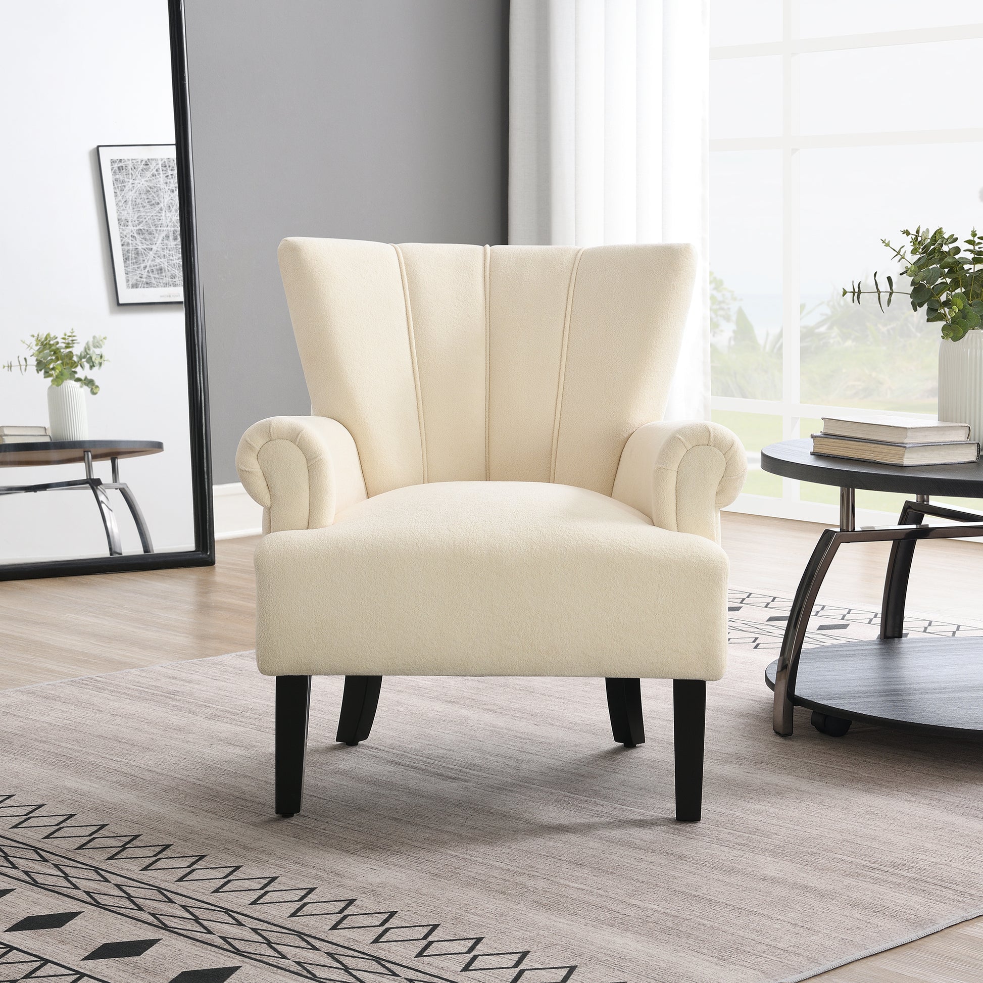 Modern Accent Living Room Chairs,Polyester Armchair Club Chair With Channel Back, Accent Chair For Living Room, Bedroom Reading Room, Soft Fabric, Wooden Leg, Beige Beige Primary Living Space Foam Plywood