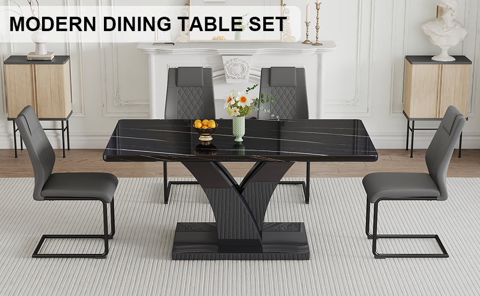 Table And Chair Set, Modern Dining Table, Black Tabletop And Black Mdf Leg Table, Soft And Comfortable Dining Chair, Perfect For Dinner, Meetings, Home And Office Decor Black Grey Mdf