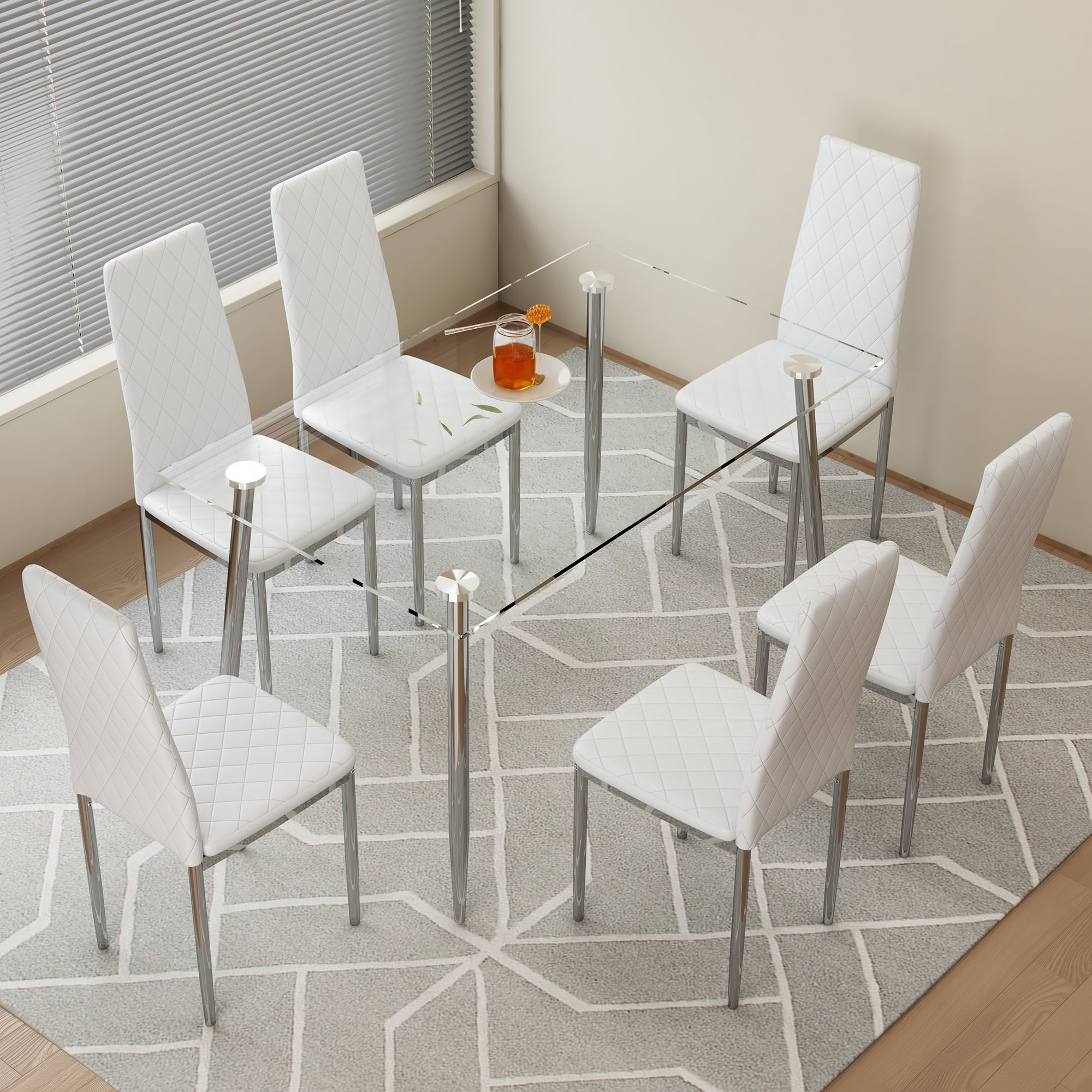Table And Chair Set.Rectangular Dining Table With Tempered Glass Tabletop And Silver Plating Metal Legs.Paired With 6 Checkered Armless High Back White Chairs With Electroplated Metal Legs. White Seats 6 Glass Metal