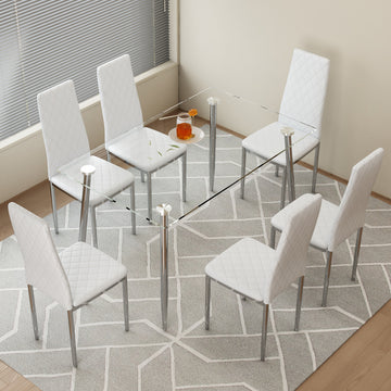 Table And Chair Set.Rectangular Dining Table With Tempered Glass Tabletop And Silver Plating Metal Legs.Paired With 6 Checkered Armless High Back White Chairs With Electroplated Metal Legs. White Seats 6 Glass Metal