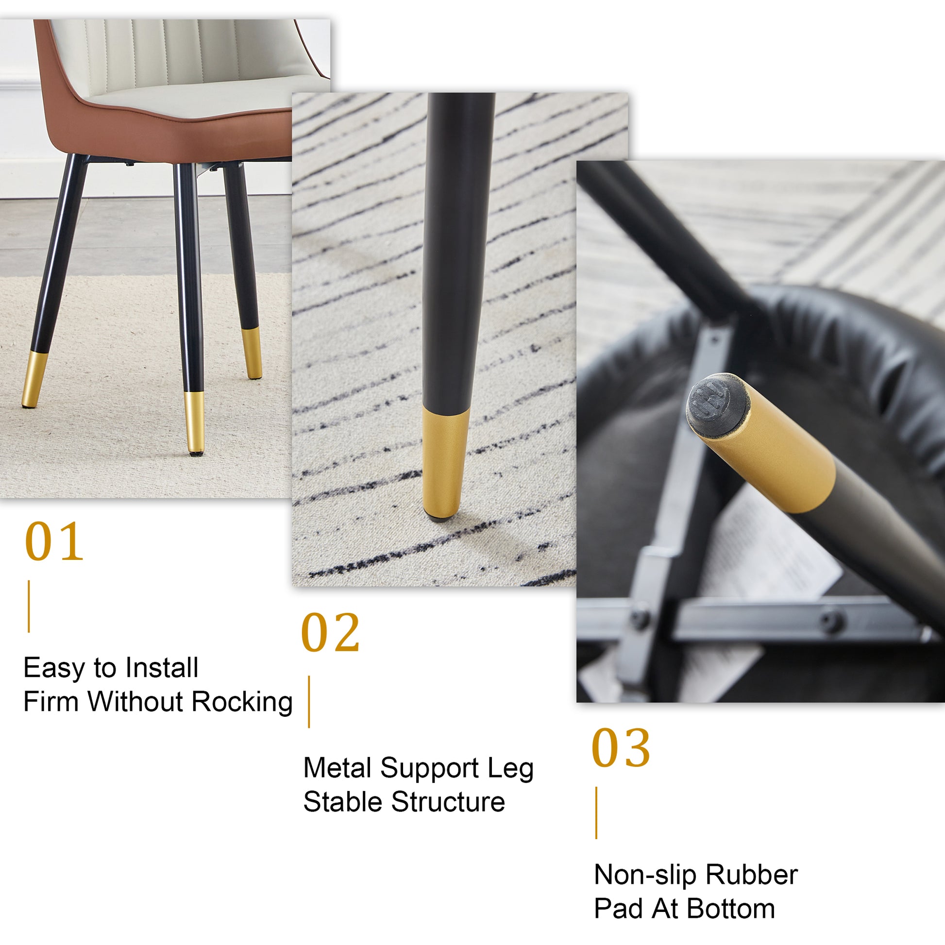 Table And Chair Set.Modern Rectangular Dining Table With Black Textured Stickers Glass Tabletop And Gold Plated Metal Legs.Paried With 4 Comfortable Chairs With Pu Seats And Black Metal Legs. Black Gold,Brown,Light Gray Seats 4 Glass Metal