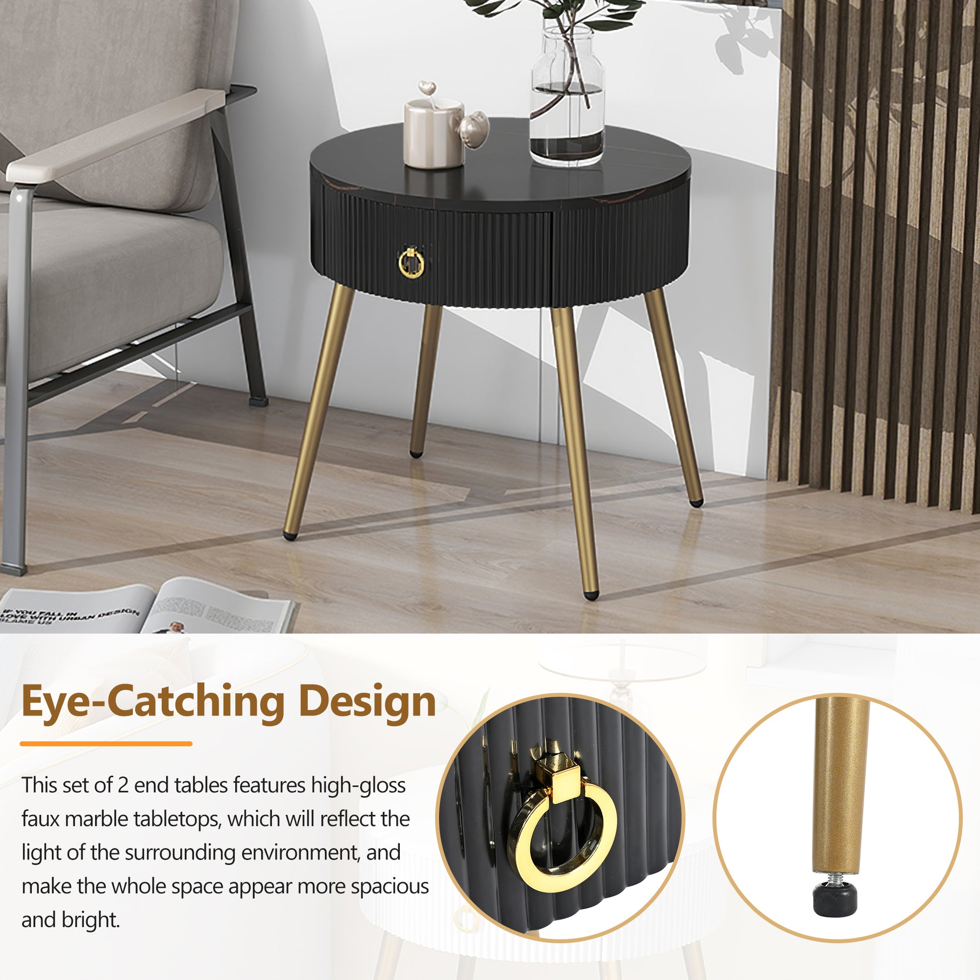 19.6'' Easy Assembly End Tables With High Gloss Faux Marble Tabletops, Set Of 2, Modern Fluted 2 Side Tables With Drawers, Round Coffee Tables With Golden Legs For Living Room, Black Black Gold Primary Living Space Drawers Round Mdf Iron