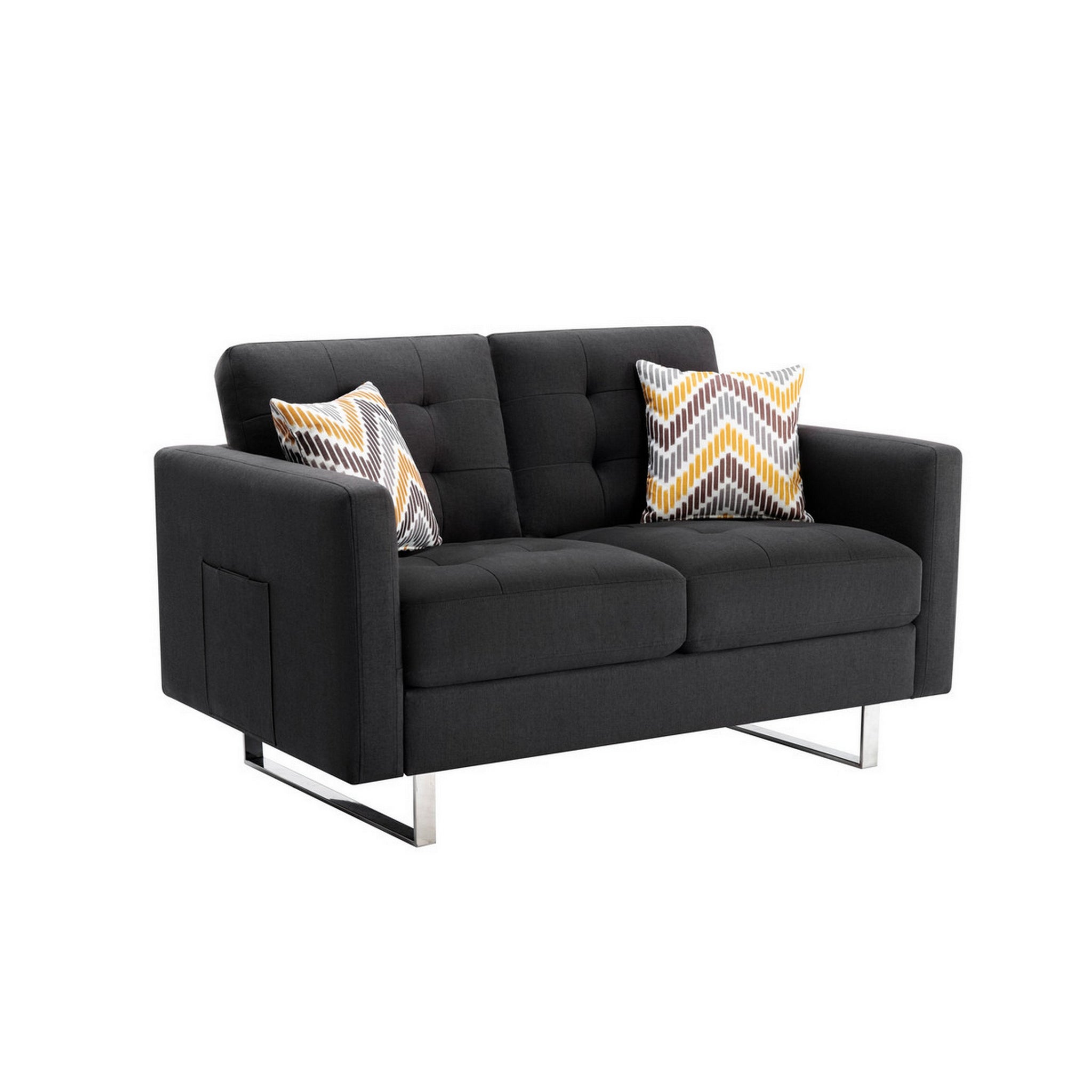 Caden 54 Inch Modern Loveseat With Side Pocket And 2 Pillows, Dark Gray Dark Gray Wood Fabric 2 Seat
