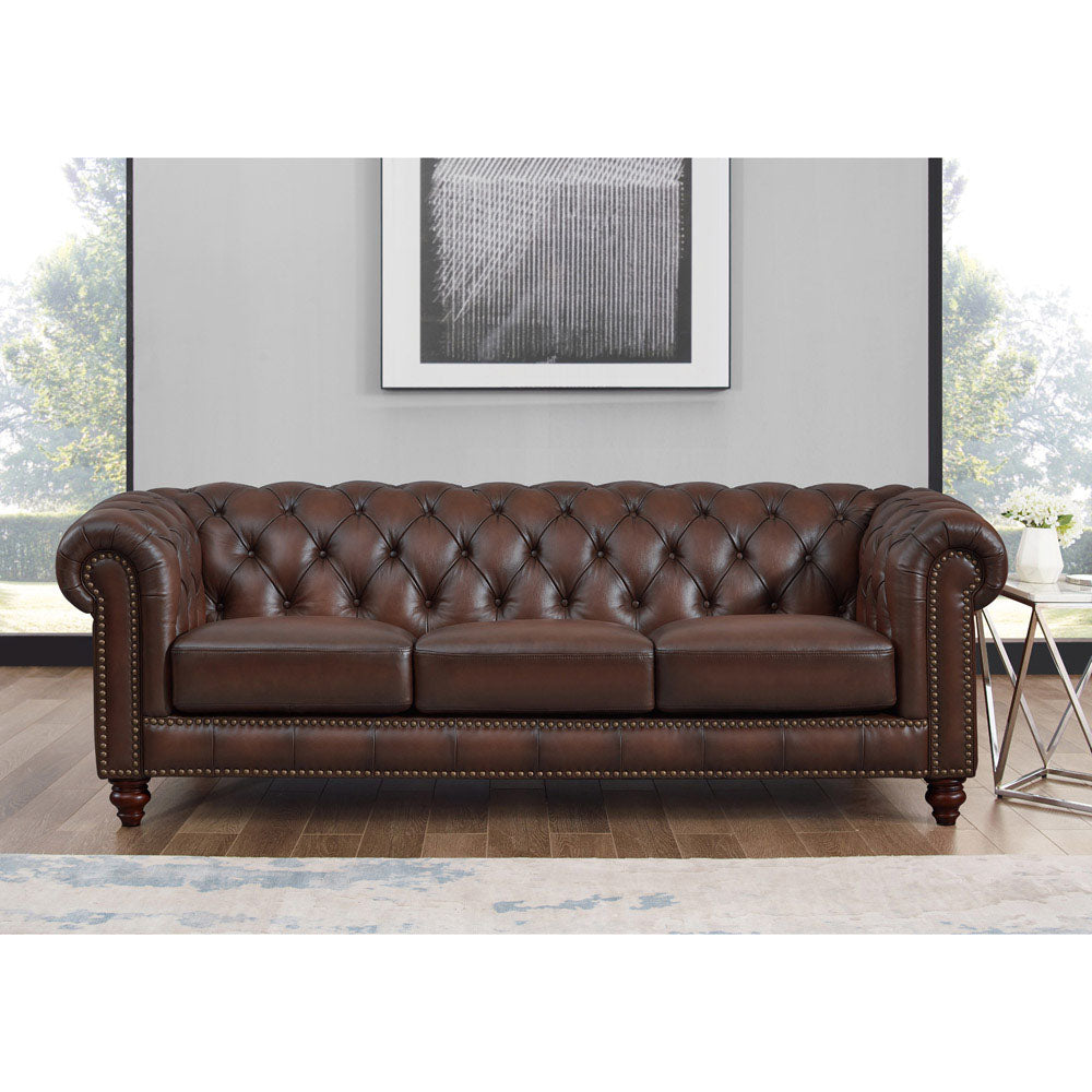 Alton Bay Top Grain Leather Sofa Couch Brown Genuine Leather Wood Primary Living Space Medium Firm Tufted Back Mid Century Modern Eucalyptus Rolled Arms Down Filling Leather 3 Seat