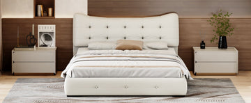 Modern Pu Upholstered Queen Bed With Ergonomic Wingback Headboard, No Box Spring Needed, Cream Box Spring Not Required Queen Cream Composite Bedroom Contemporary Bed Frame Pu,Upholstered
