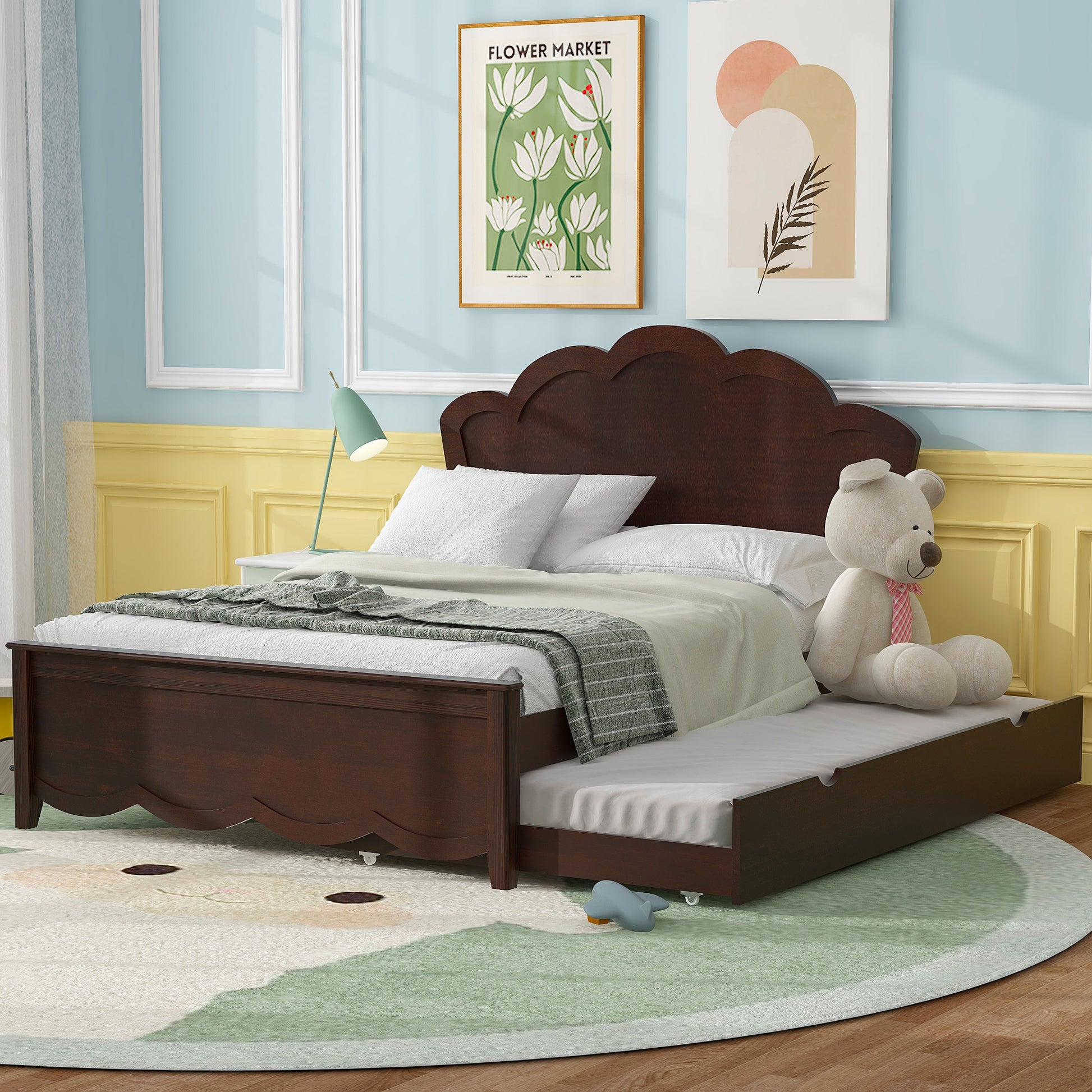 Full Size Wood Platform Bed With Headboard And Twin Size Trundle, Cappuccino Box Spring Not Required Full Cappuccino Wood Bed Frame Solid Wood Mdf