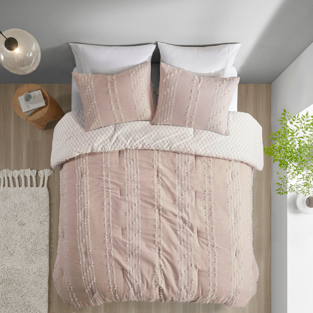 3 Piece Cotton Jacquard Comforter Set Blush Full Queen Queen Blush Cotton
