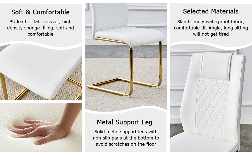 Table And Chair Set.Modern Rectangular Dining Table With Transparent Tempered Glass Tabletop And Gold Plated Metal Legs.Paried With 8 Comfortable Chairs With Pu Seats And Golden Metal Legs. Transparent,White Gold Seats 8 Glass Metal