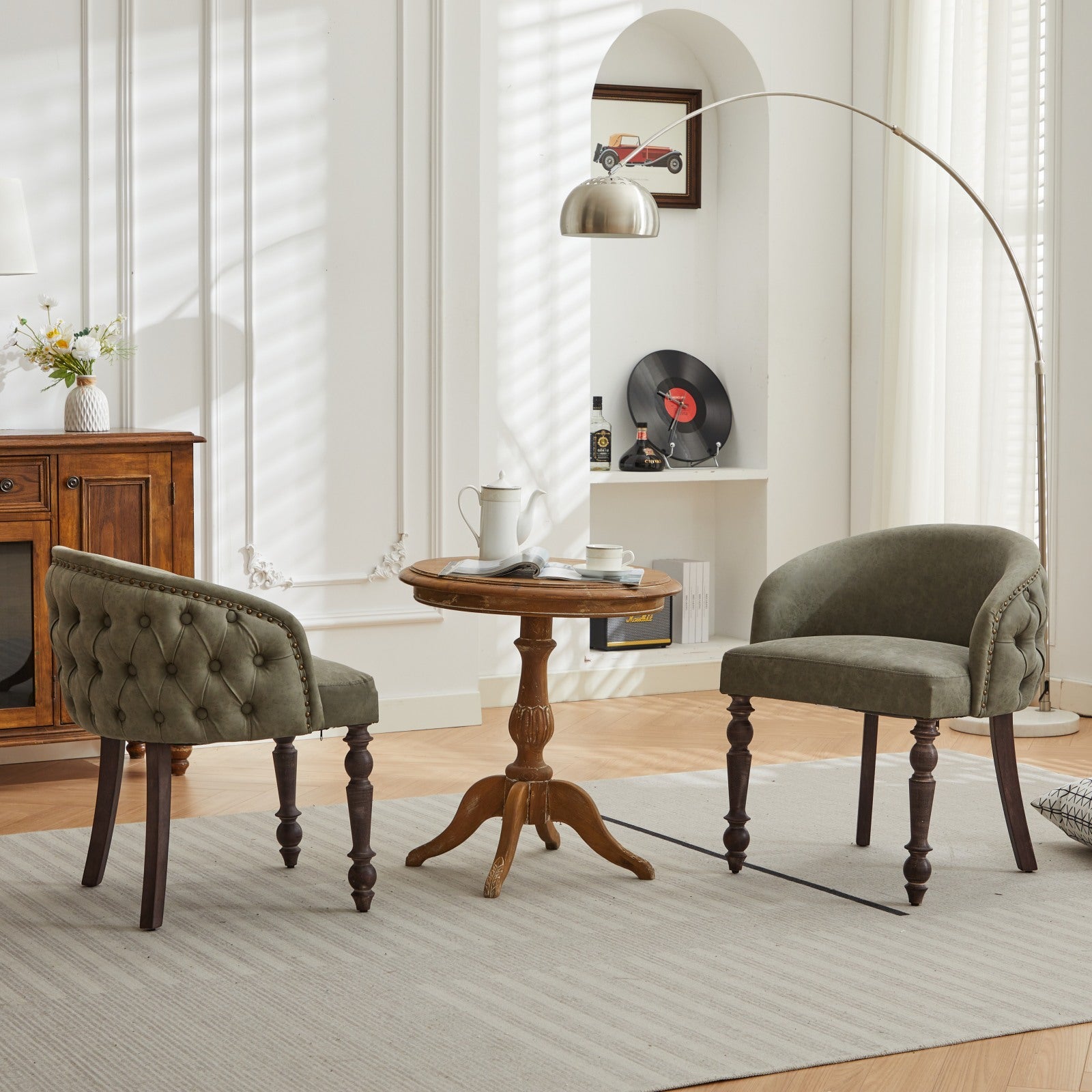 Hand Pulled Buckle Decoration Pu Dining Chair,Accent Leisure Chair, Mid Century Modern Arm Chair With Solid Wood Armrests And Legs, 1 Seat Cushioned Sofa For Living Room Bedroom,Olive Green Color Olive Green Primary Living Space American Design