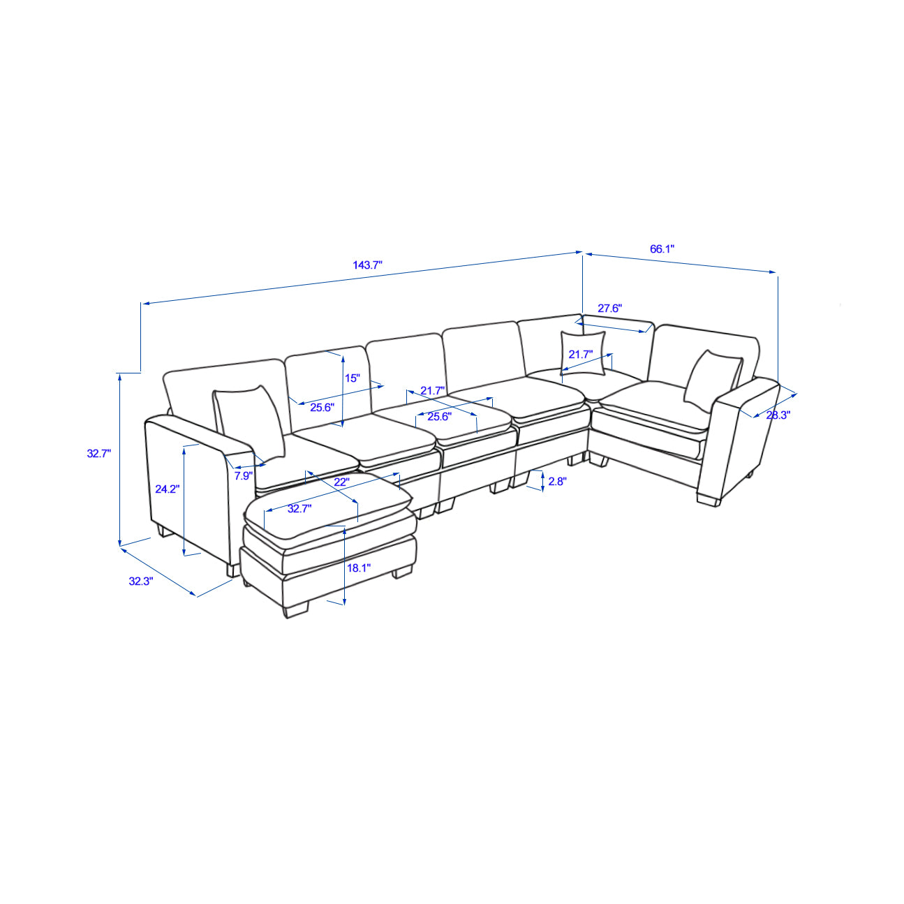 Modern U Shaped 6 Seat Sectional Sofa Couch With One Ottoman And Three Toss Pillows ,Modular Sofa For Living Room,Corduroy Sofa White Corduroy 7 Seat
