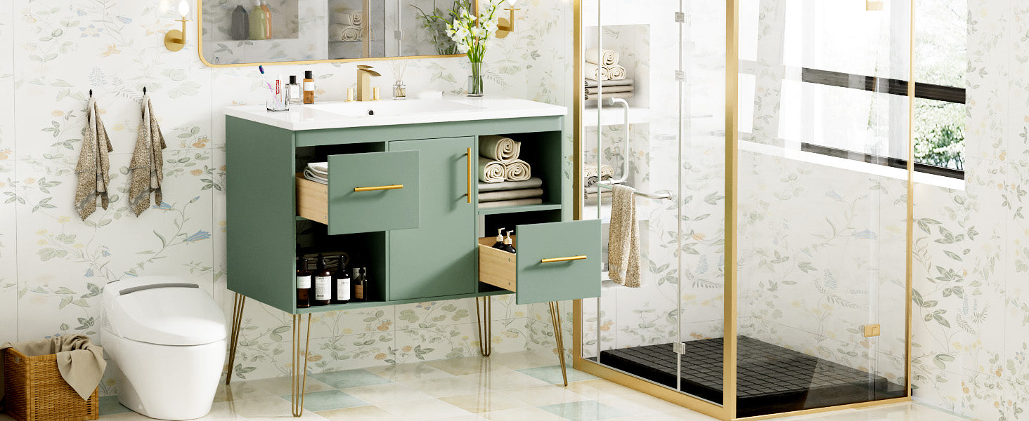 36'' Bathroom Vanity With Resin Sink Combo Set, Modern Freestanding Single Bathroom Cabinet With 2 Drawers & 2 Storage Compartments, Storage Cabinet For Bathroom, Solid Wood Frame Vanity Set, Green Green Bathroom Modern Mdf