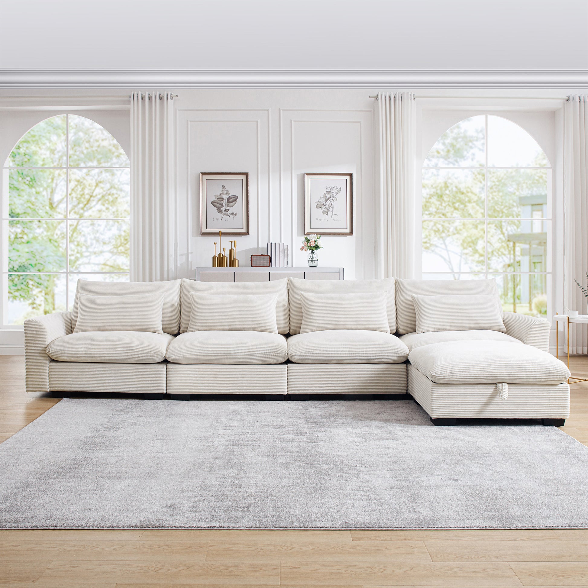 Large L Shape Sectional Corduroy Sofa,Deep Seat Couch With Storage Footstool And 4 Waist Pillows,Beige Beige Corduroy 4 Seat