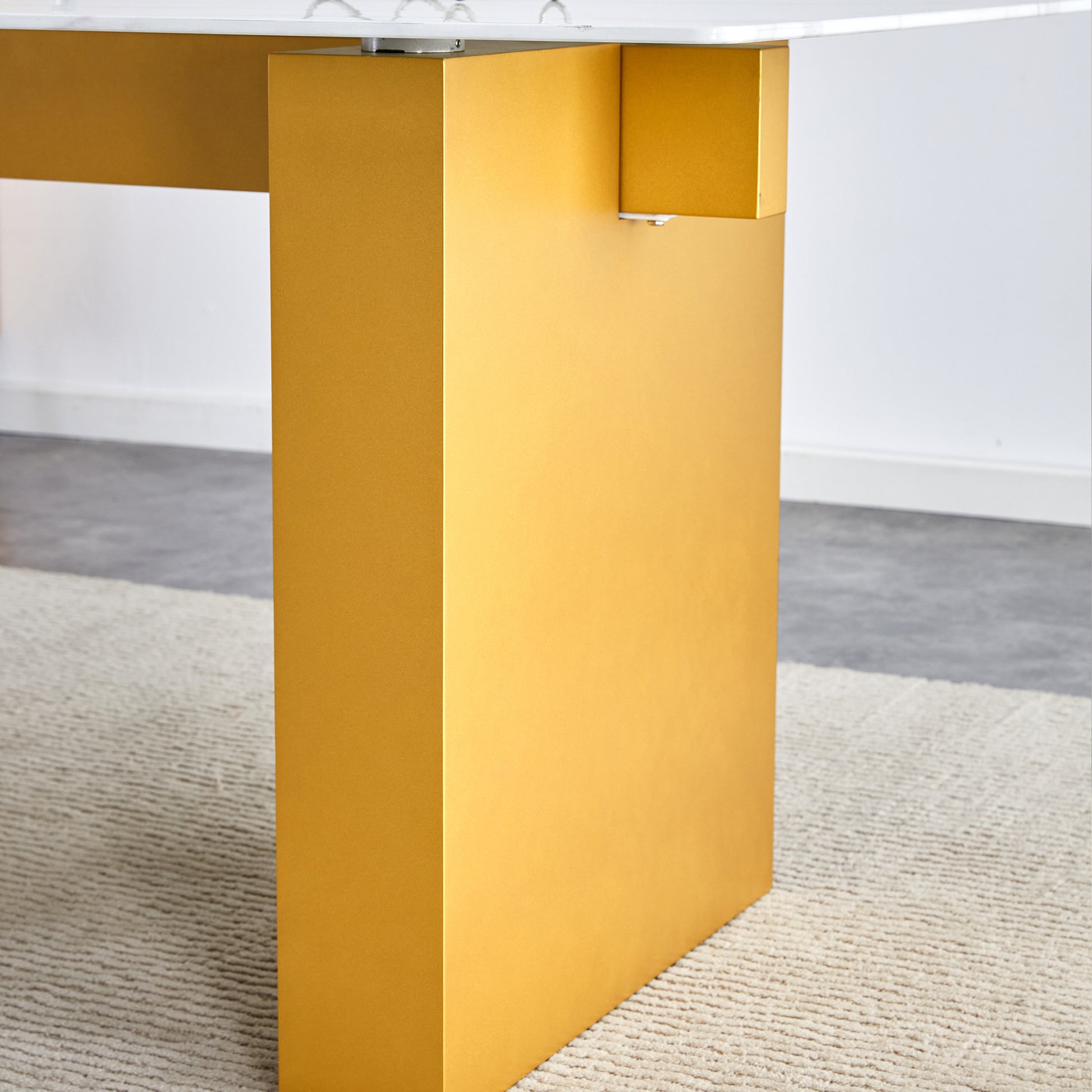 Table And Chair Set.Large Modern Rectangular Table With 0.4 Inch Patterned Glass Tabletop And Large Mdf Table Legs.Comes With 6 Chairs With Faux Leather Cushioned Seats And Golden Metal Legs. Gold White Seats 6 Mdf Glass