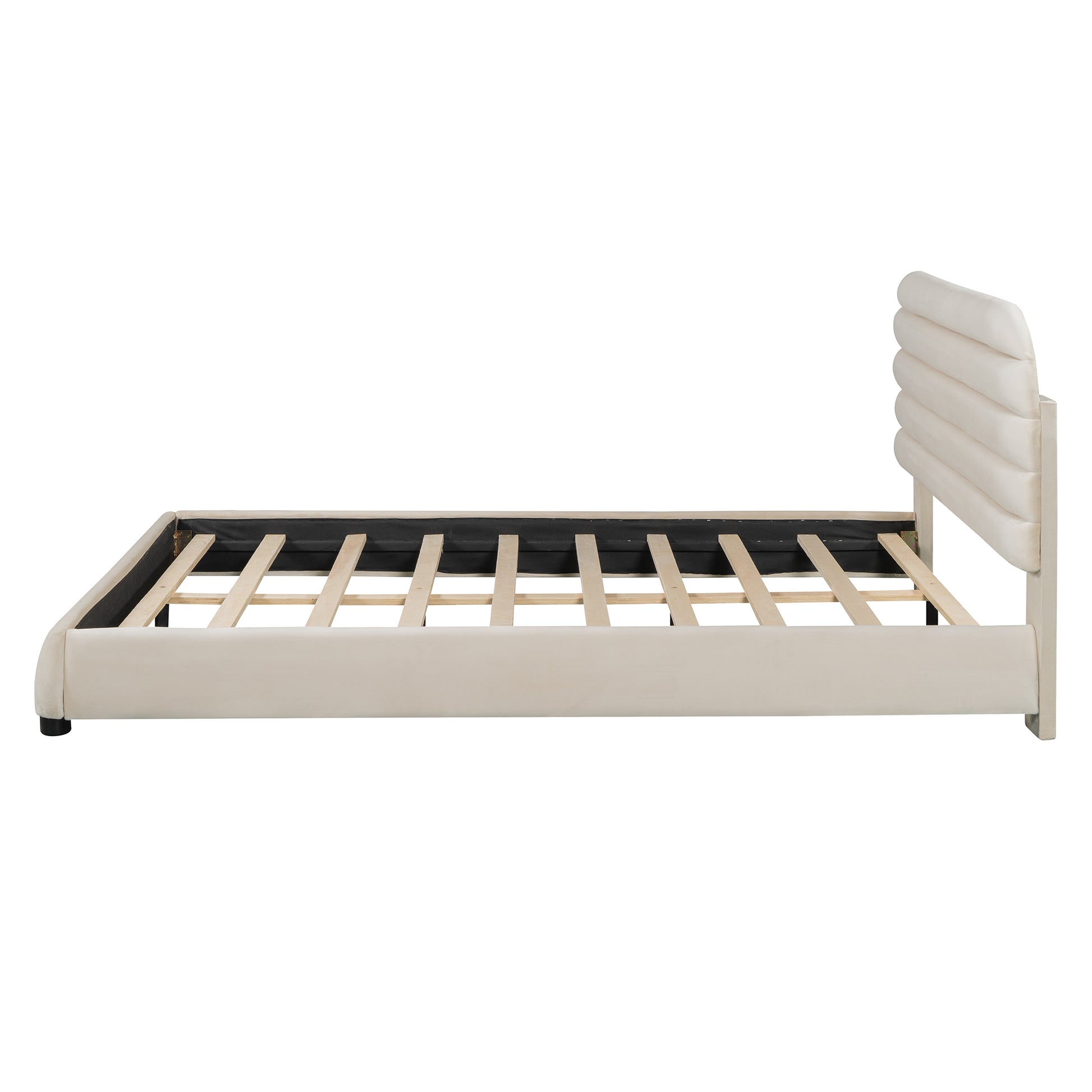 Queen Size Velvet Upholstered Platform Bed,Solid Frame And Stylish Curve Shaped Design, Beige Queen Beige Velvet