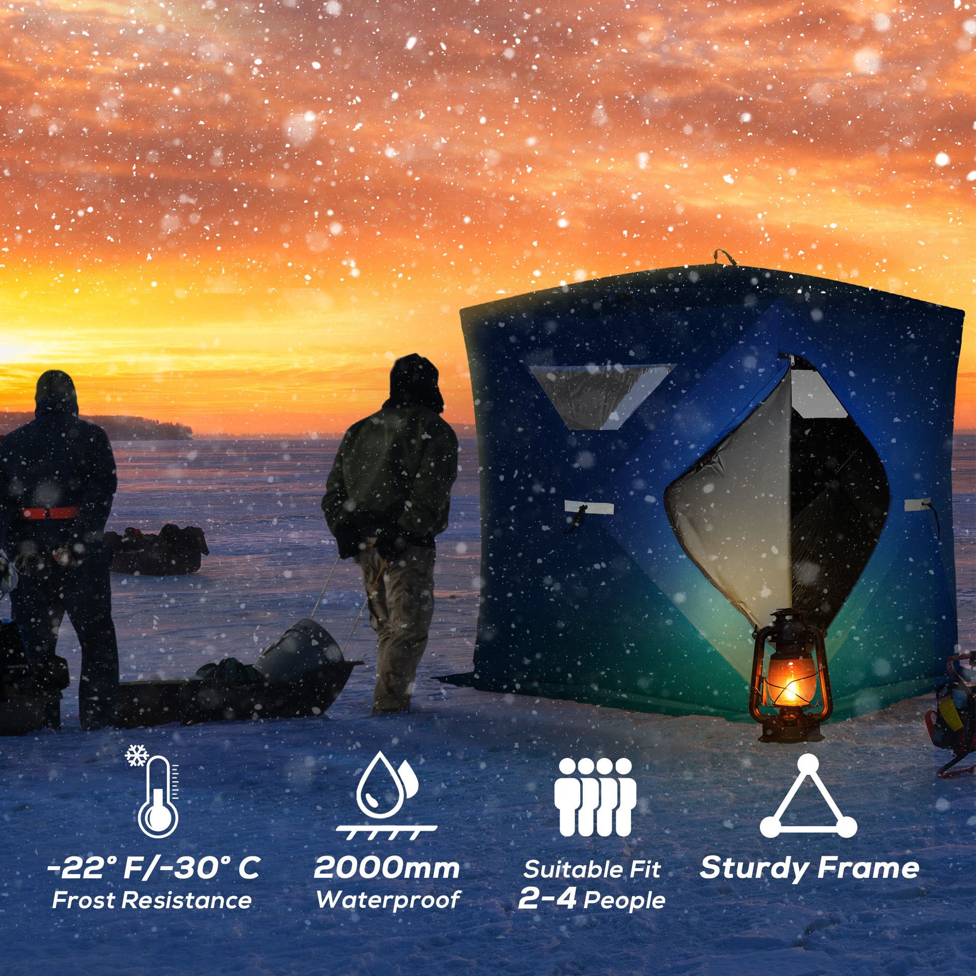 Outsunny 2 4 People Ice Fishing Shelter, Pop Up Portable Ice Fishing Tent With Carry Bag, Two Doors, Windows And Vents, Ice Shanty For Winter Fishing, Blue Blue Fabric