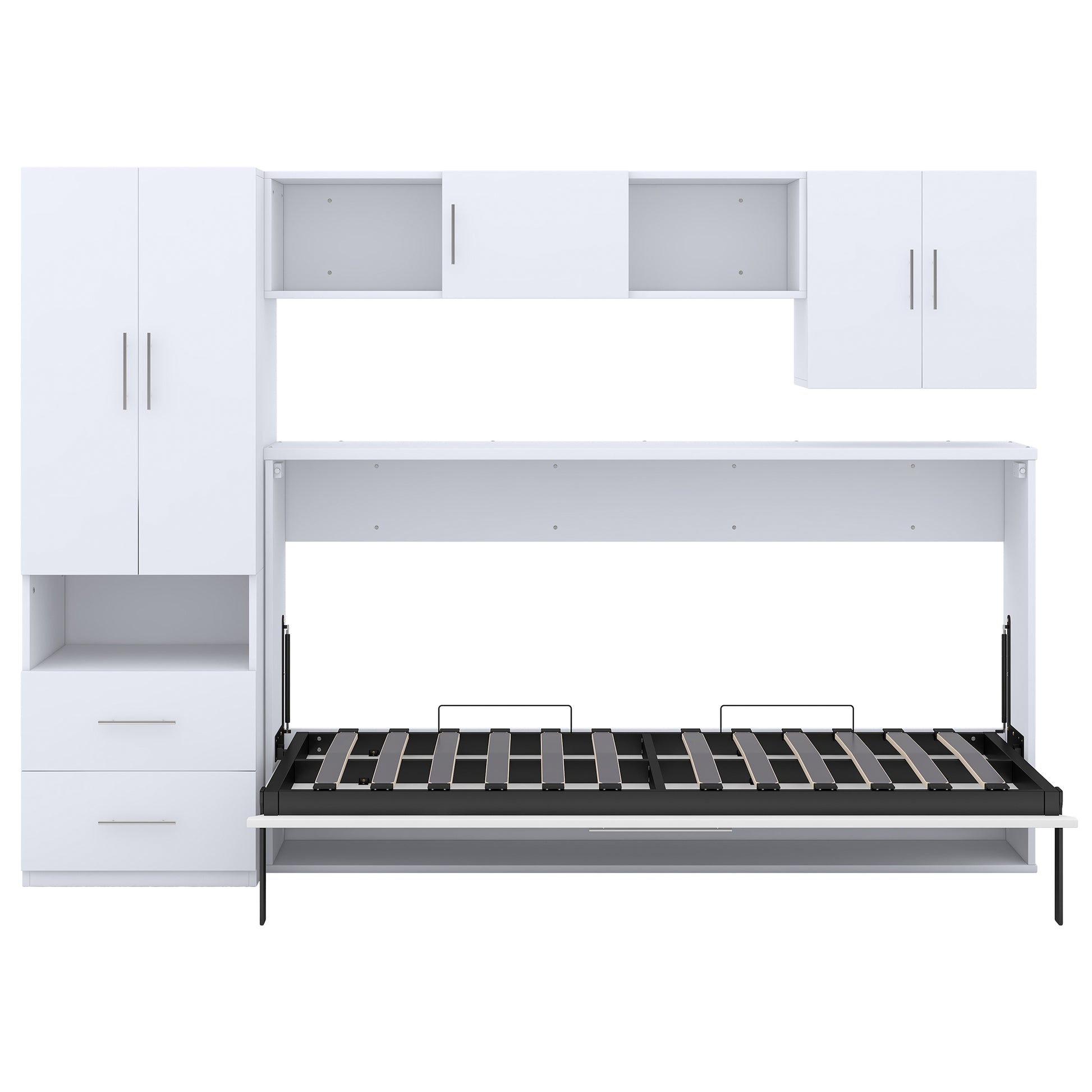 Twin Size Murphy Bed With Open Shelves And Storage Drawers,Built In Wardrobe And Table, White Twin White Solid Wood Mdf