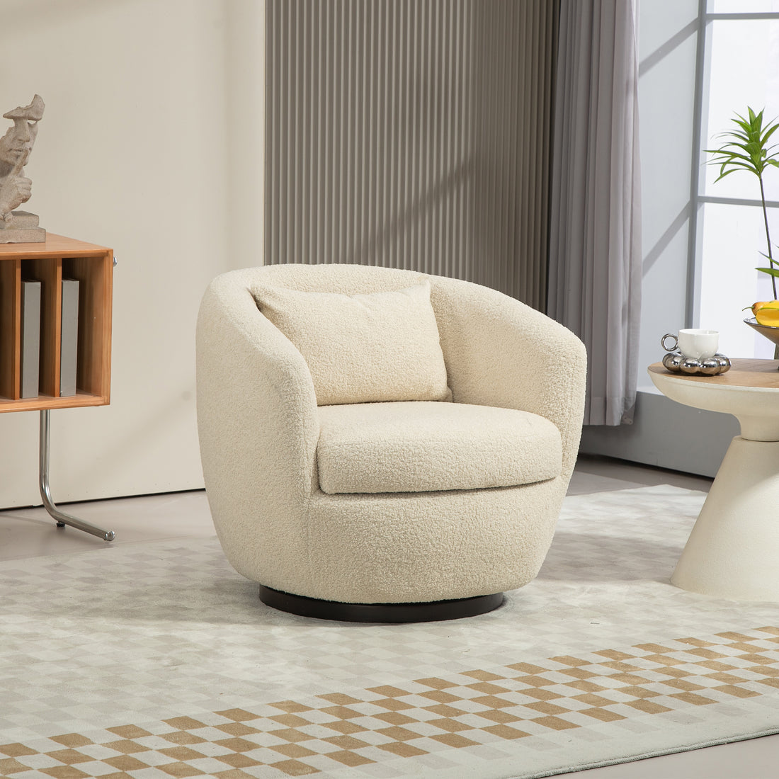 Upholstered Swivel Barrel Armchair With Storage Modern Living Room Side Chair For Bedroom Office Reading Spaces Teddy Fabric Beige Beige Foam Upholstered