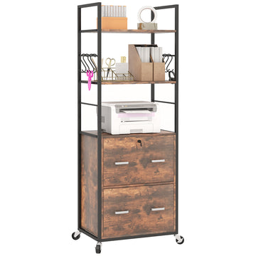 Vinsetto 2 Drawer Mobile File Cabinet With Lock & Hanging Bar, Rustic Brown Rustic Brown Particle Board