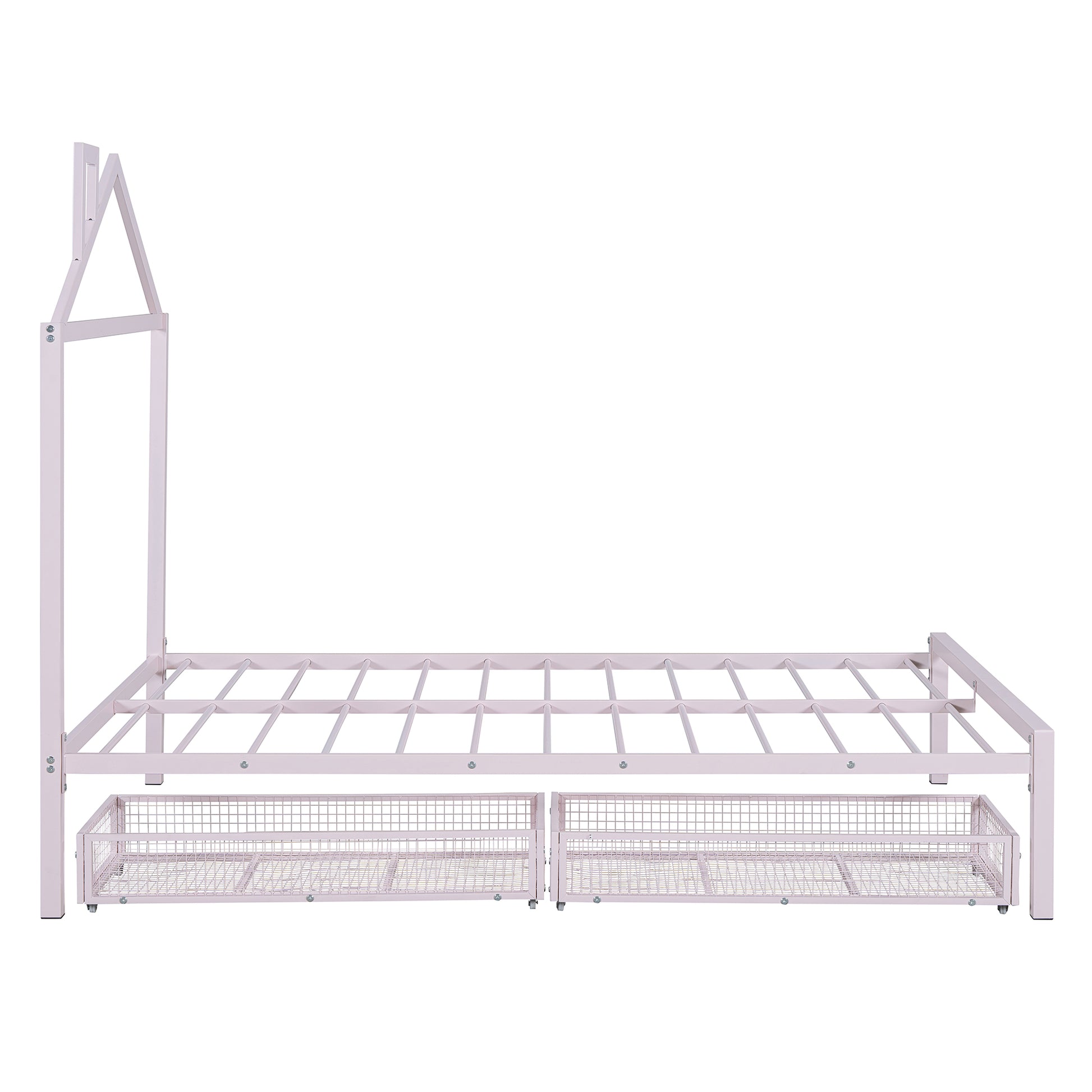 Full Size Metal Platform Bed With Two Drawers,House Shaped Headboard Design, Pink Full Pink Metal