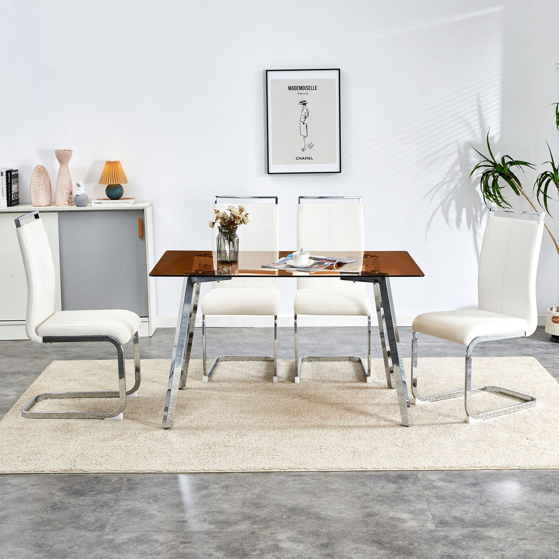 1 Table And 4 Chairs, Brown Tempered Glass Tabletop And Silver Metal Legs, Modern Minimalist Style Rectangular Glass Dining Table, Paired With 4 Modern Silver Metal Leg Chairs. 1123C 1162 Brown Seats 4 Glass