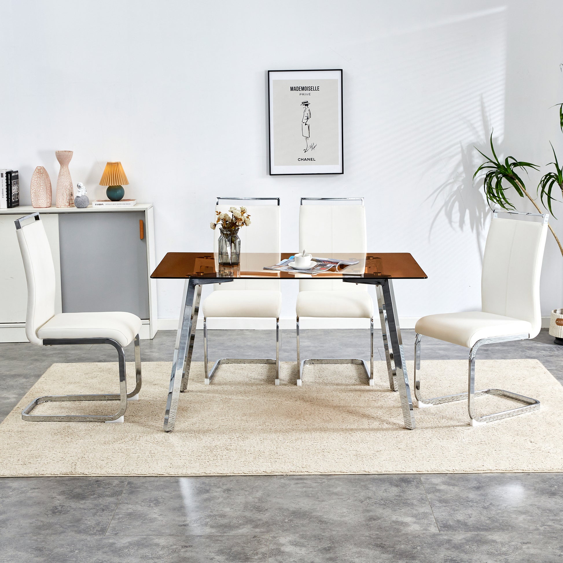 1 Table And 4 Chairs, Brown Tempered Glass Tabletop And Silver Metal Legs, Modern Minimalist Style Rectangular Glass Dining Table, Paired With 4 Modern Silver Metal Leg Chairs. 1123C 1162 Brown Seats 4 Glass