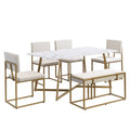 Modern Faux Marble 6 Piece Dining Table Set,60Inch Metal Kitchen Table Set With Upholstered Dining Chairs And Bench, Golden Metal Dining Room Bench Seating Rectangular Dining Table With Chair And Bench Metal Wood Golden Seats 6 60 Inches Farmhouse