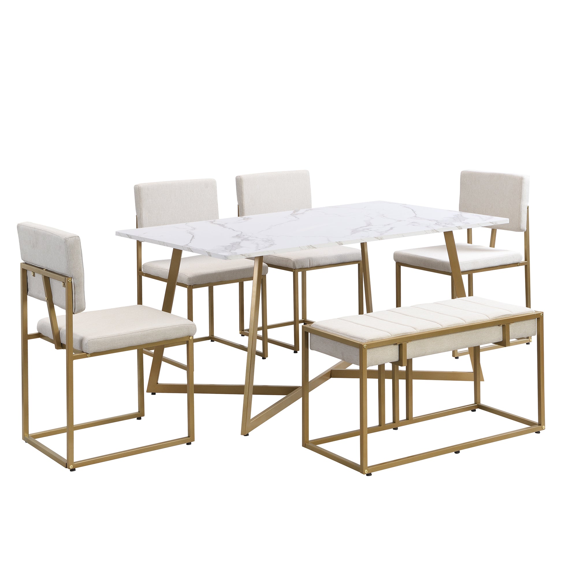 Modern Faux Marble 6 Piece Dining Table Set,60Inch Metal Kitchen Table Set With Upholstered Dining Chairs And Bench, Golden Metal Dining Room Bench Seating Rectangular Dining Table With Chair And Bench Metal Wood Golden Seats 6 60 Inches Farmhouse