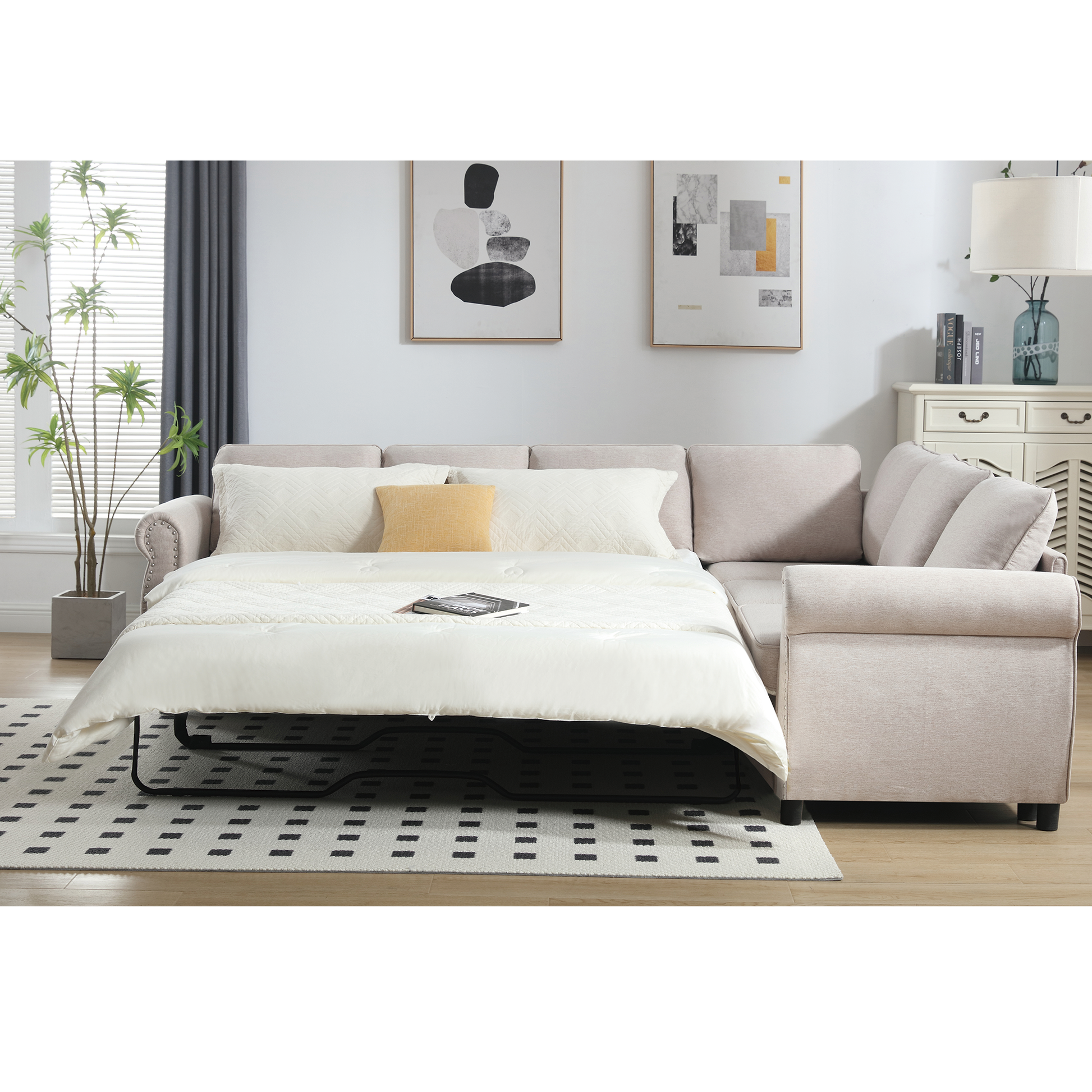 Arrived Sleeper Sofa, 2 In 1 Pull Out Couch Bed,6 Seater Sofa Bed, L Shaped Sleeper Sectional Sofa Couch,Riveted Sofa,104'' Large Combined Sofa Bed In Living Room, Beige Beige Polyester Wood Primary Living Space Medium Soft Cushion Back Modern Polyester