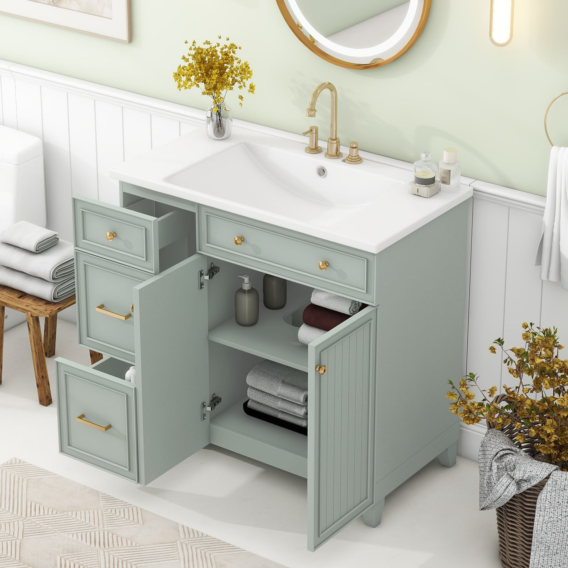 36 Inch Bathroom Vanity, Transitional Style Bathroom Cabinet With Resin Sink, Green Single Bathroom Cabinet, With 2 Drawers And 1 Adjustable Storage Shelf, 2 Soft Close Doors Green Bathroom Solid Wood Mdf Resin