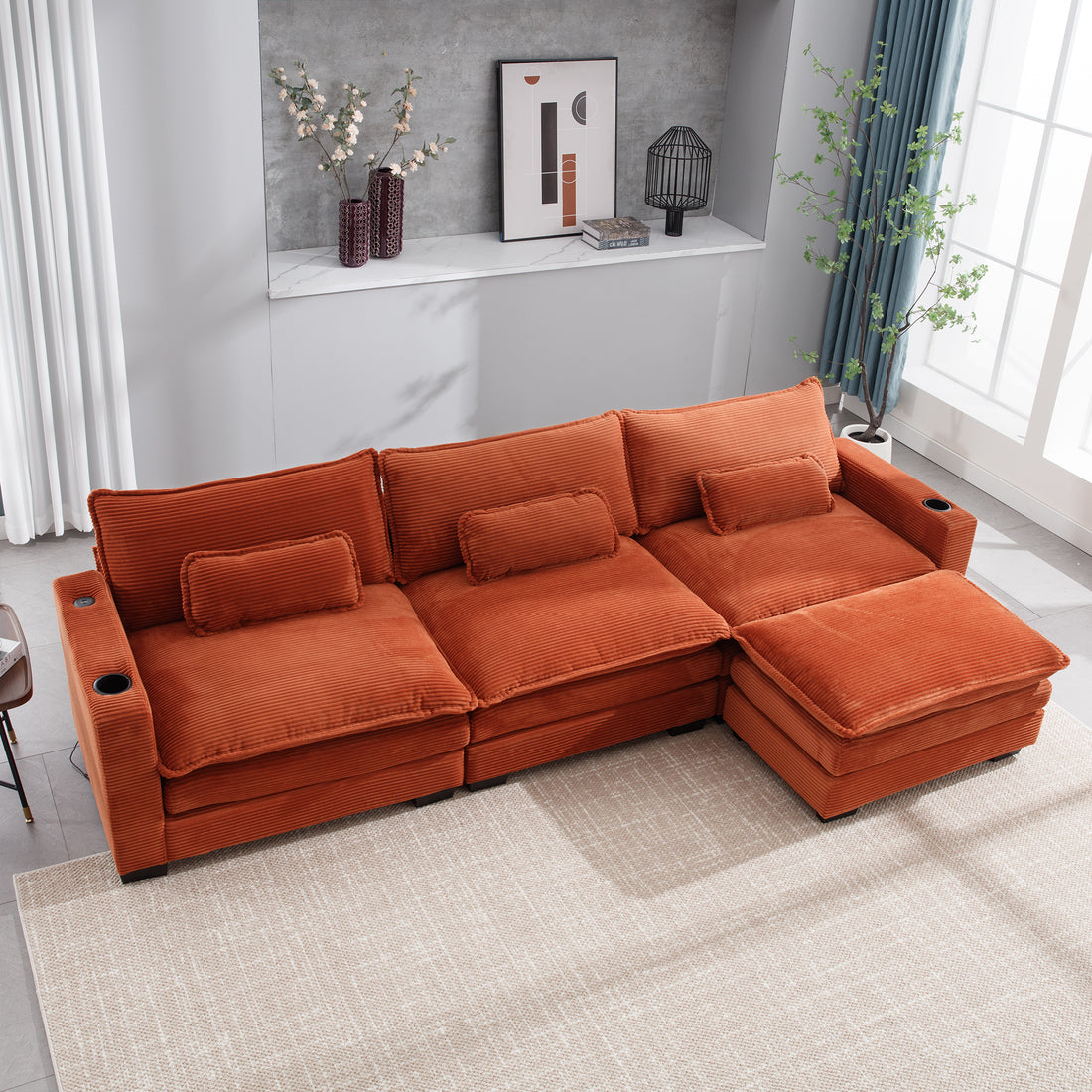 L Shape Sofa Couch With Usb & Cup Holders, Corduroy Stripe Fabric 3 Seater Sofa With 1 Ottoman, Orange Orange Wood 4 Seat