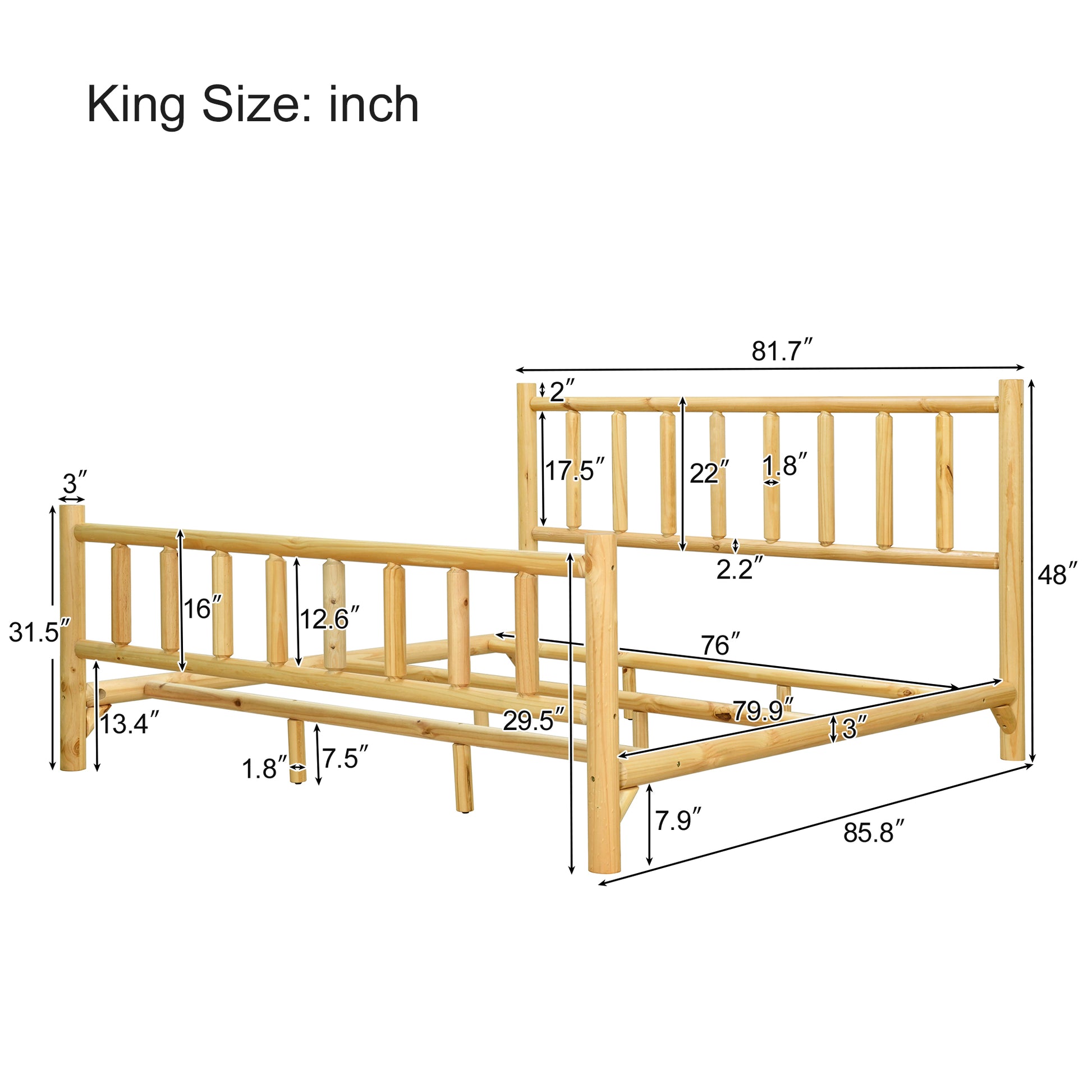 Farmhouse Log Bed Frame King Rustic Style Pure Solid Pine Cylinder Construction Bed Fits Mattresses And Box Springs, Natural Finish King Natural Pine