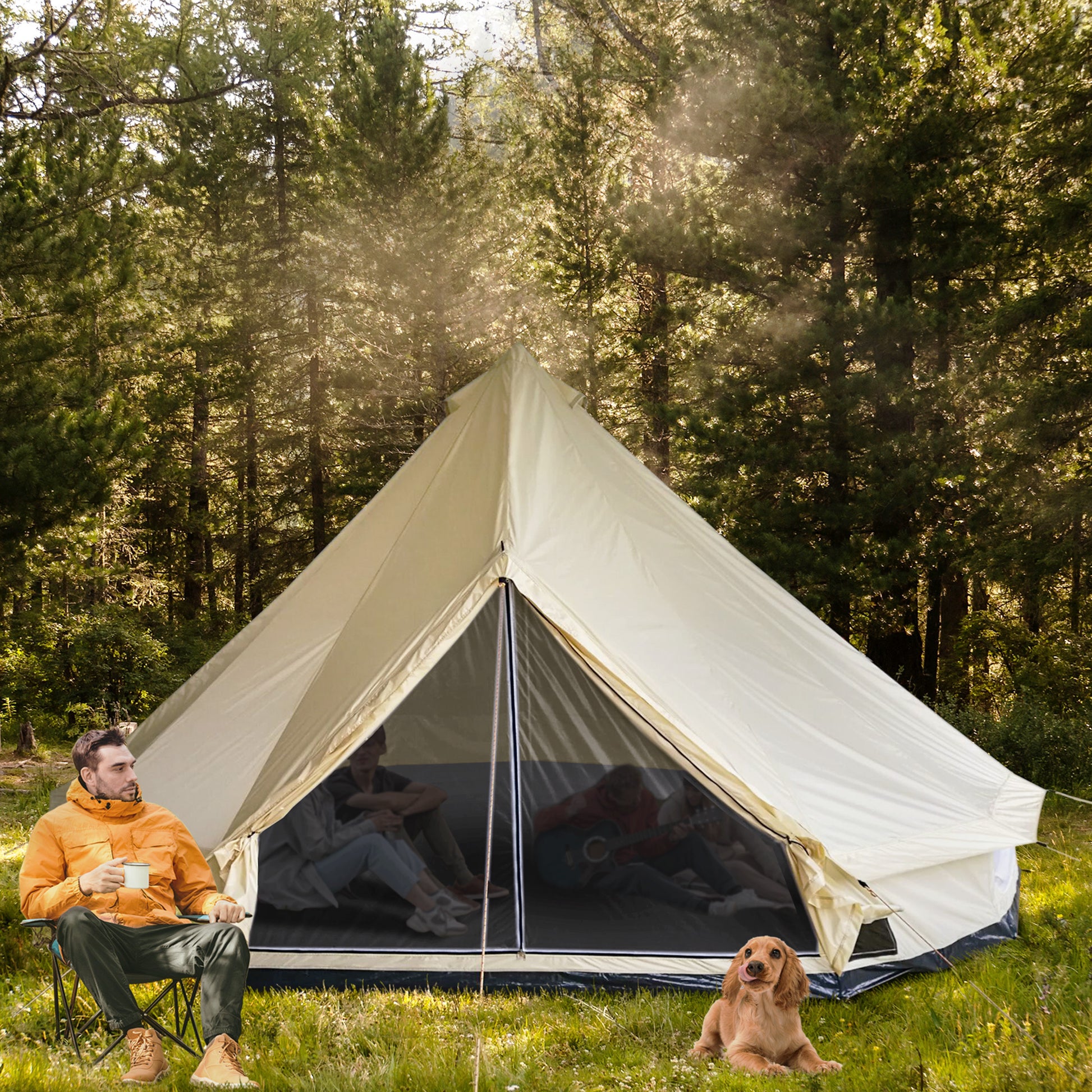 Outsunny 10 Person Yurt Tent Glamping Bell Tent With Spacious Interior,Waterproof Design, For Family Outdoor Camping, 16' X 16' X 10' Beige Polyester