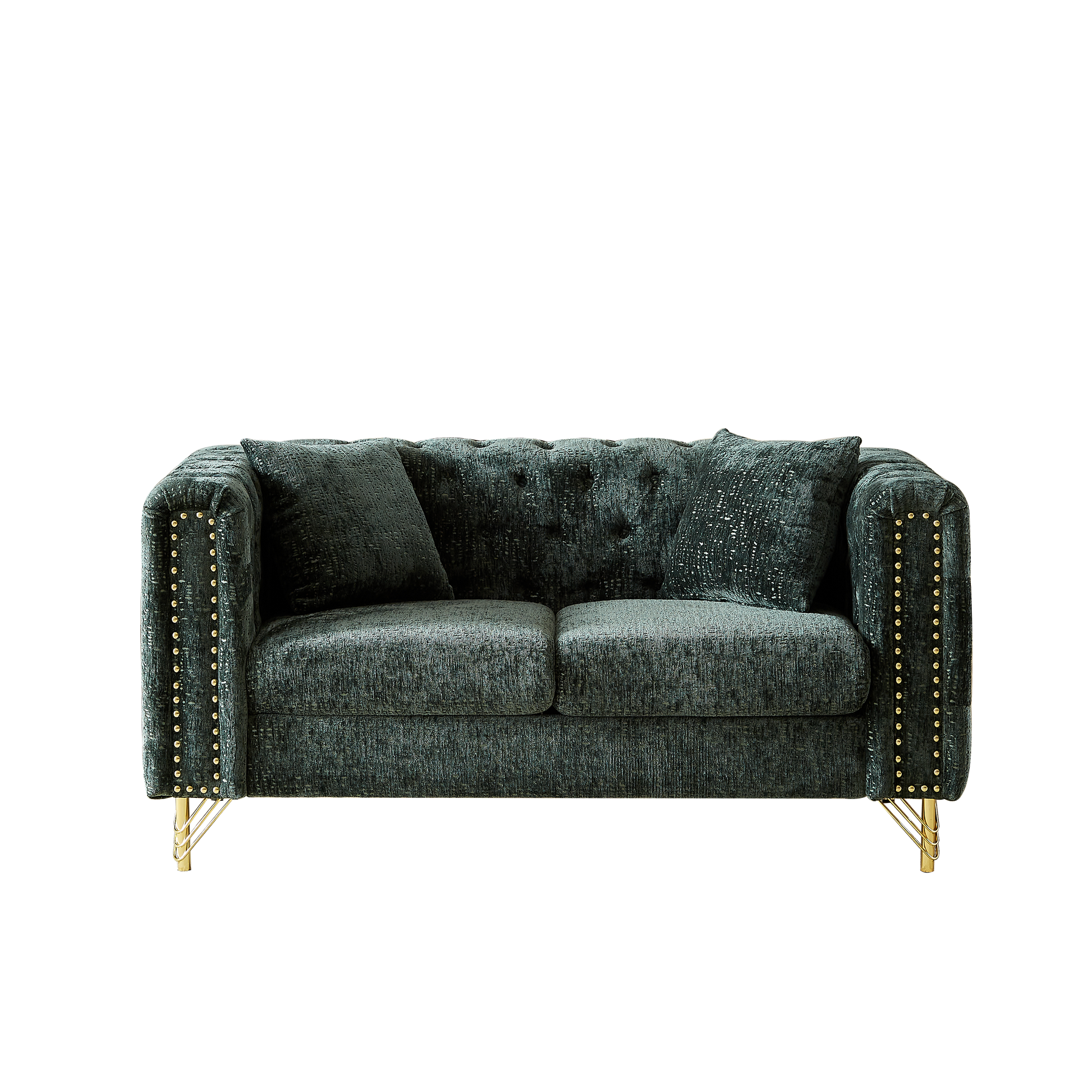 60 Inch Chenille Pull Buckle Design Sofa For Living Room,Buttons Tufted With Copper Nail Decoration Armrest, Modern Couch Upholstered Button And Metal Legs Green Foam Chenille 2 Seat