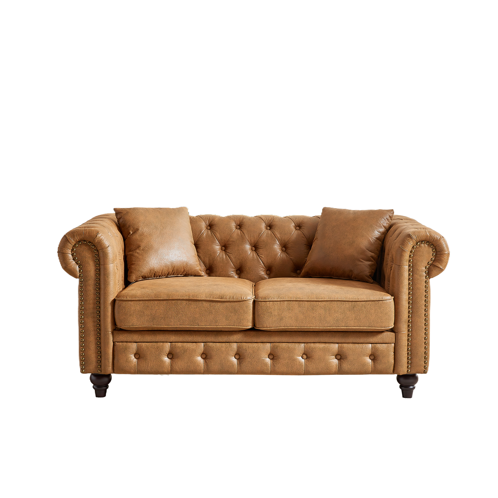Fx 63.5" Contemporary Design Chesterfield Sofa, Tech Fabric Button Design Living Room Sectional, Button Tufted With Nail Design Arms With 2 Pillows, Upholstered Upholstery And Wooden Legs Brown Wood Primary Living Space Pine Foam Fabric 3 Seat