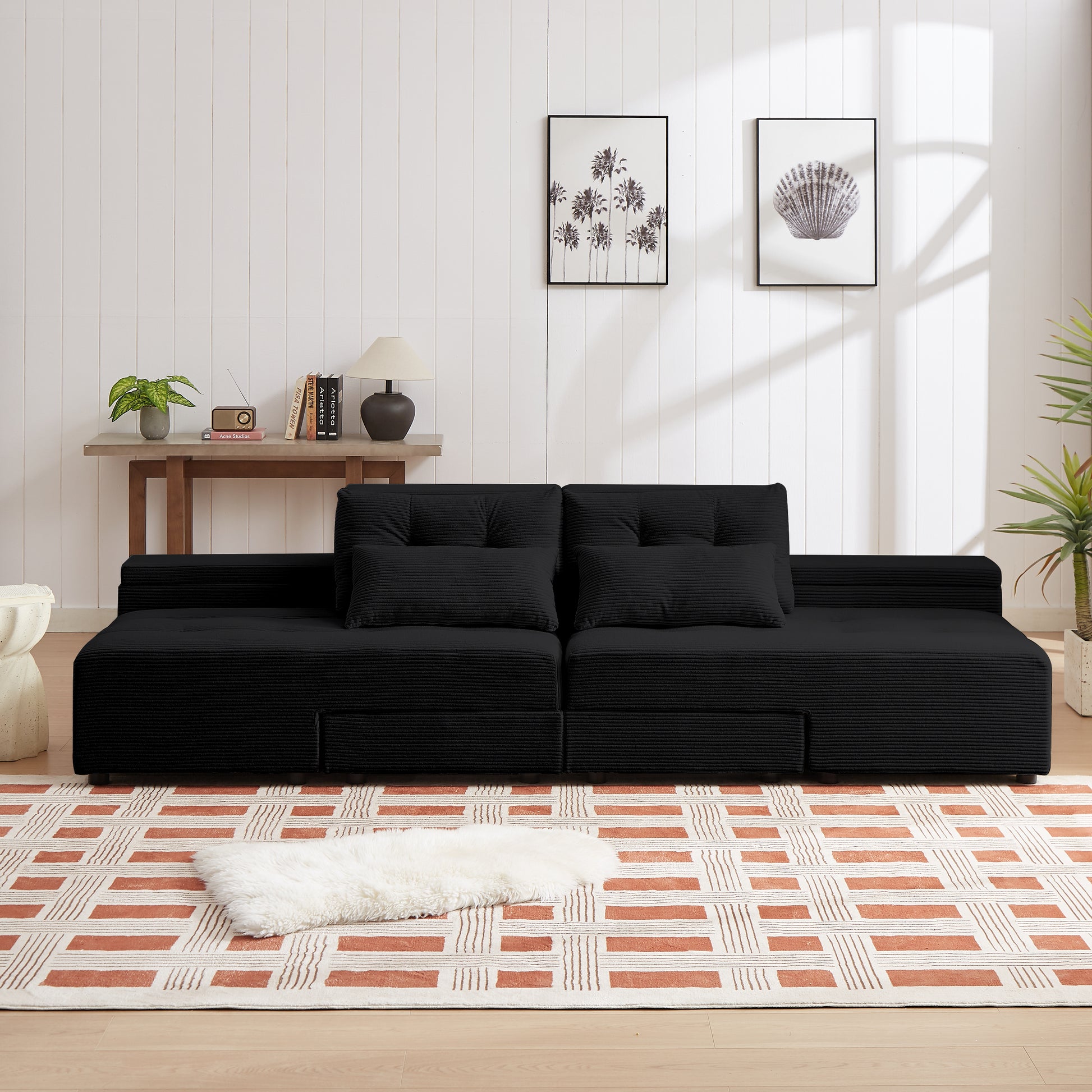 Convertible 3 In 1 Sleeper Sofa And Sectional Sofa With 4 Storage Space For Living Room,Corduroy Couch With 4 Pillows,Corduroy Black Corduroy 3 Seat