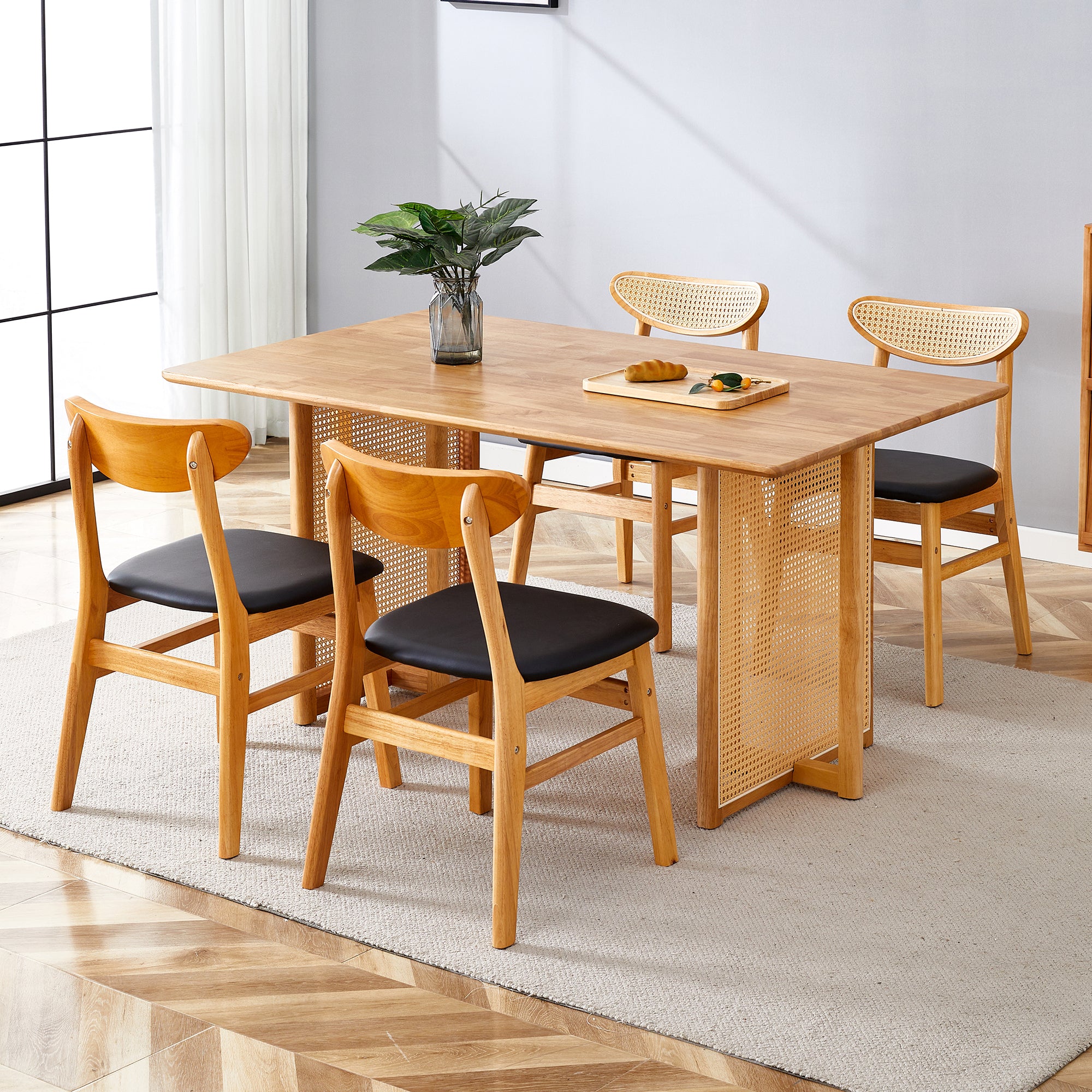 Table And Chair Set, Ancient Style Solid Wood Dining Table, Imitation Rattan Table Legs, Beautiful Simple Solid Wood Dining Chair, Perfect For Dinner, Meetings, Home And Office Decoration Wood Rubber Wood