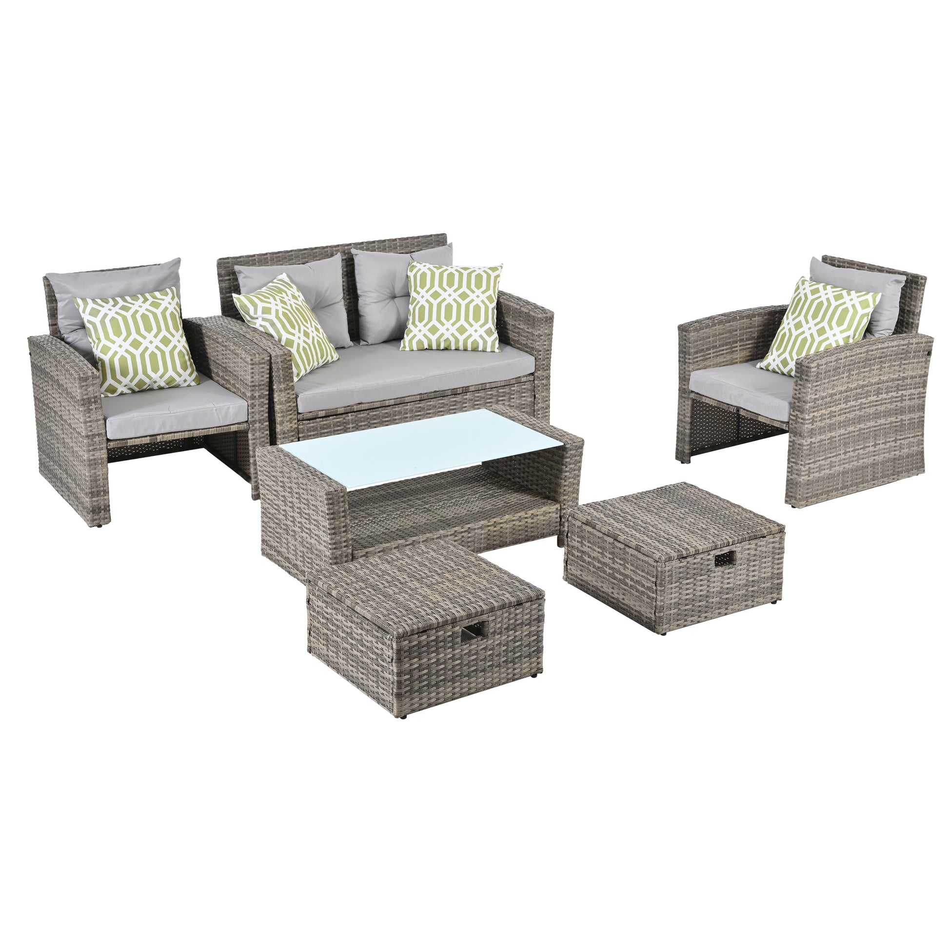 Patio Furniture, Outdoor Furniture, Seasonal Pe Wicker Furniture, 6 Set Wicker Furniture With Tempered Glass Coffee Table Brown Pe Rattan Iron Waterproof Fabric