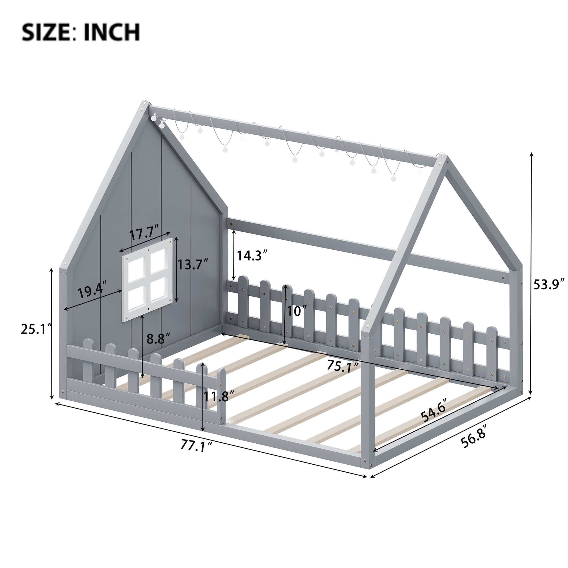 Full Size Wood House Bed With Window And Fence, Gray Old Sku: Wf304147Aae Box Spring Not Required Full Gray Wood Bedroom Pine Bed Frame Solid Wood Mdf